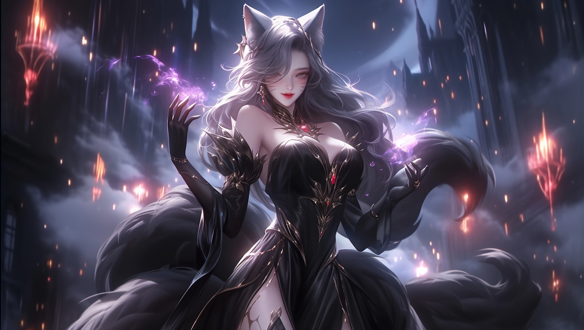 暗黑风猫耳女性插画，身着黑金礼服，指尖萦绕紫色光效，背景为云雾城堡夜景