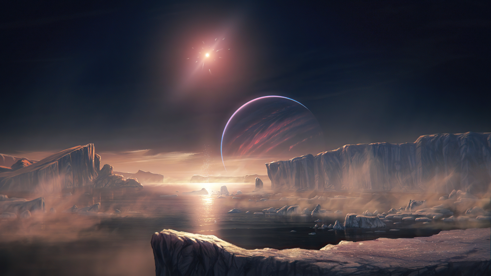 科幻外星景观：交错的冰原地貌与海面，深靛蓝夜空里悬浮着带粉紫、冰蓝色环带的巨型异星球，天际晕染着暖橙金色的霞色，深空散落着明亮的星点。