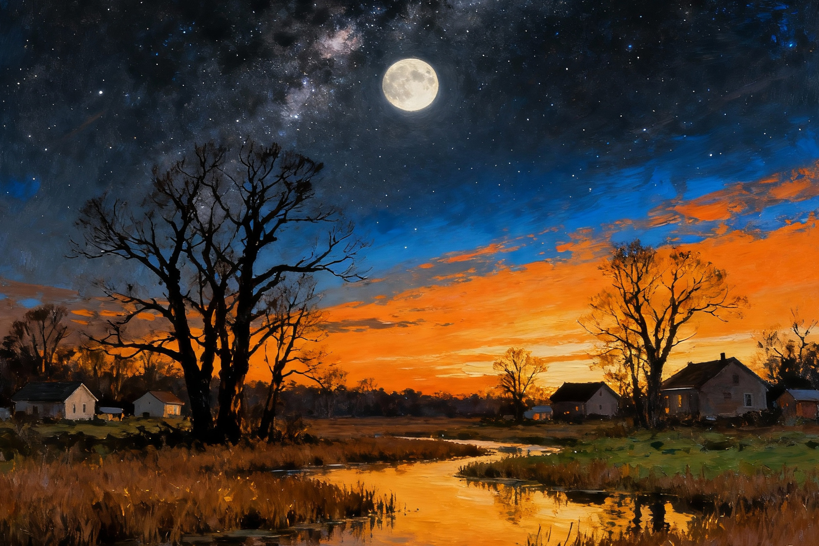 厚涂油画绘制的郊野暮色风景，横贯画面的深黑夜空中悬着一轮满月，下方天际晕染着橙红落日霞光，村舍沿溪流排布，水面倒映出暖金与橙红的霞色光芒。