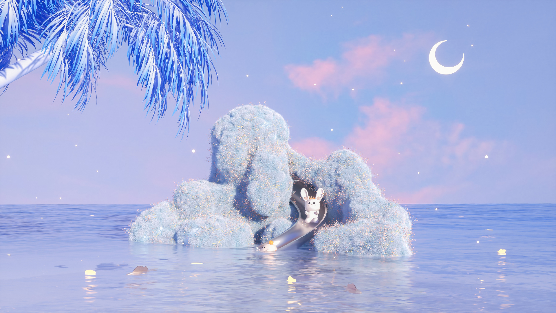 3D梦幻海景，淡蓝色毛绒小岛附带金属滑梯，坐落在平静蓝海上，上方是带粉色云朵和新月的粉紫渐变天空