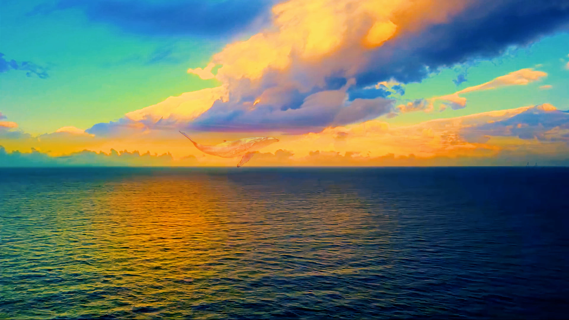 渐变晴空下的辽阔海面，半透明鲸悬浮在海平线之上。