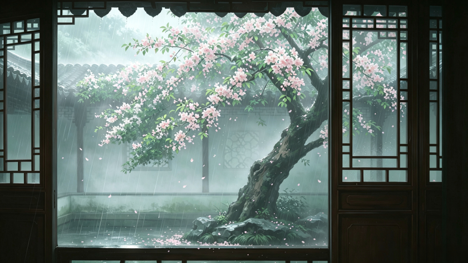 窗雨桃枝