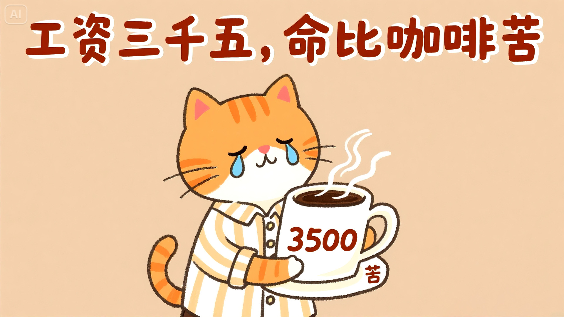 浅暖米色背景上，流泪的橘色条纹卡通猫抱着印有数字3500的热咖啡杯，上方配有打工人自嘲文字。