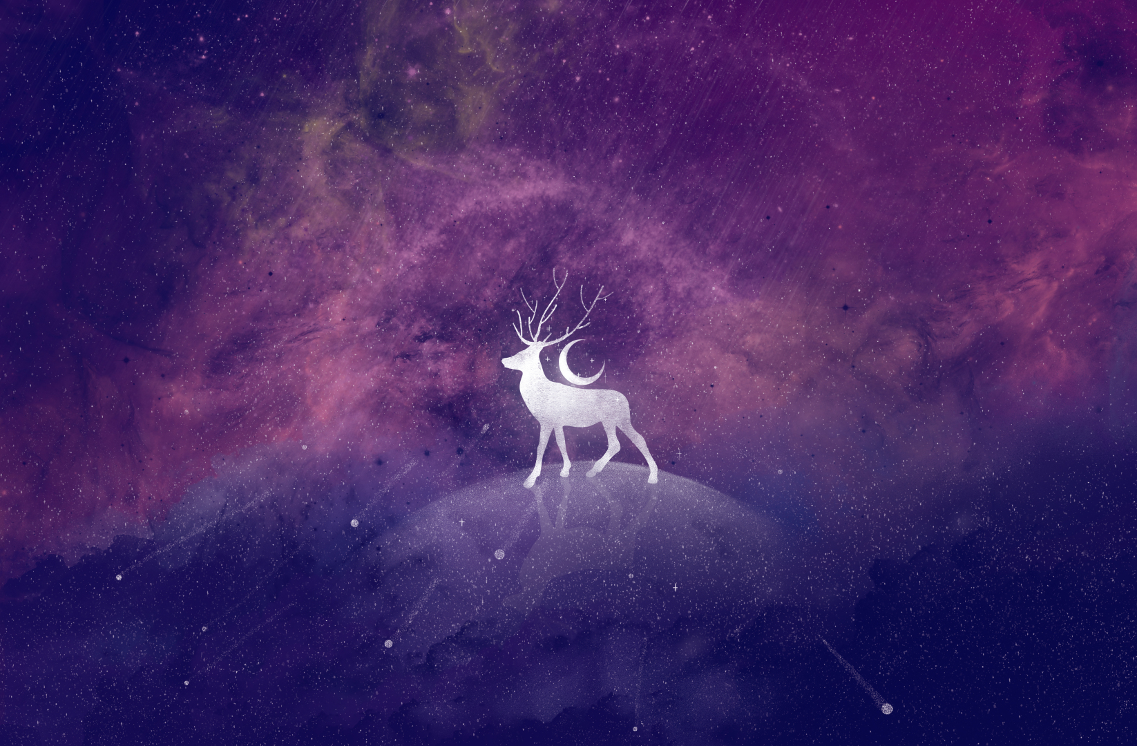紫粉渐变星空背景下，发光白鹿立于光晕圆台，身侧有新月纹样。