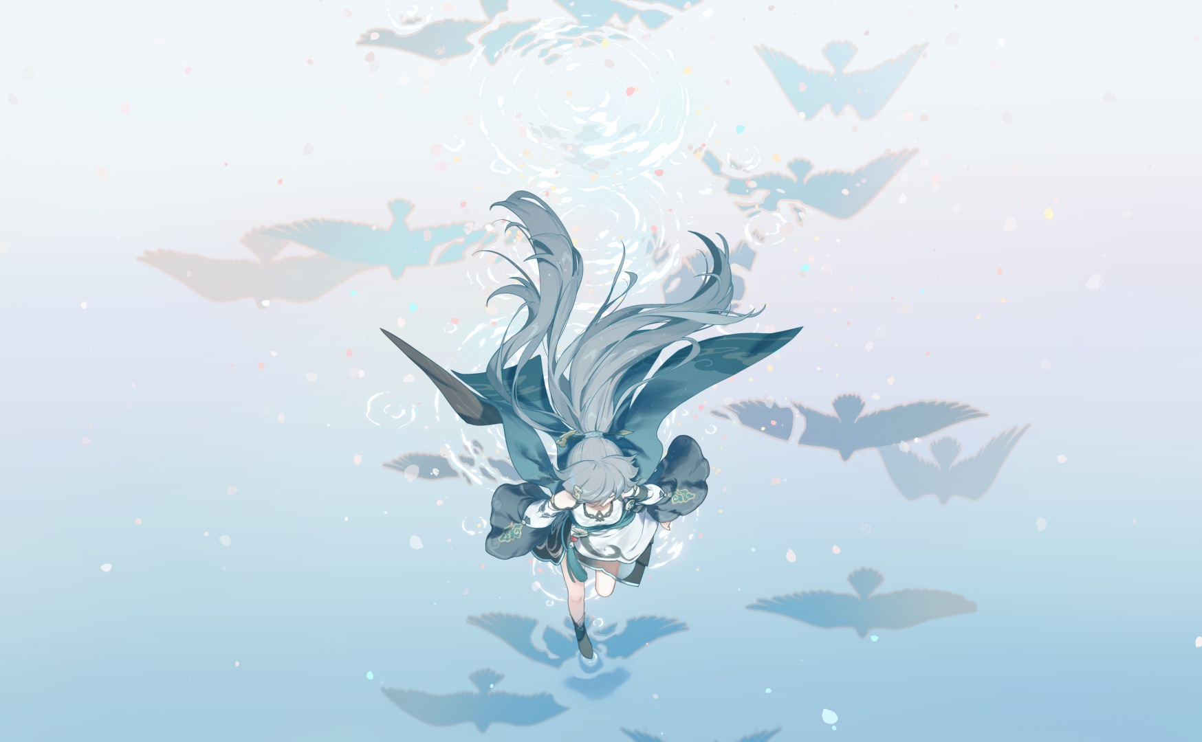 二次元少女单足踏在水面，长发随风扬起，水面映出多只飞鸟剪影，背景是淡蓝渐变水色。