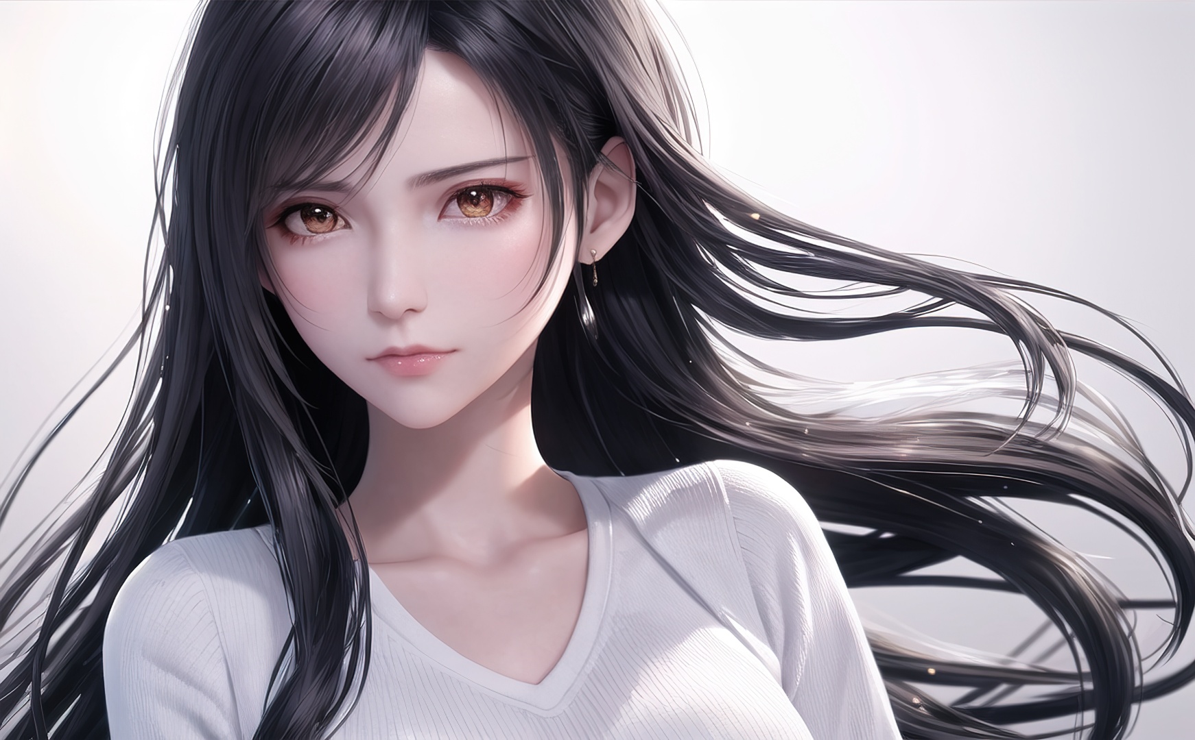 黑长发白衣少女正面近景人像