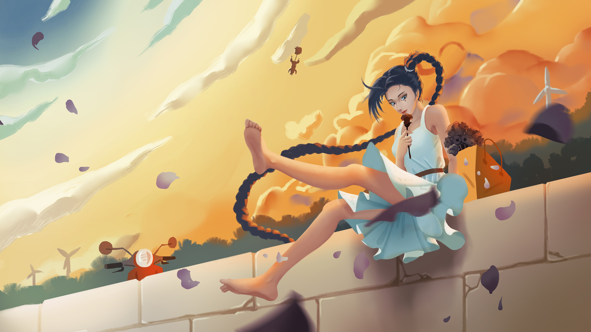 长辫少女坐砖墙边，脚悬空，背景是暖橙色日落天空。