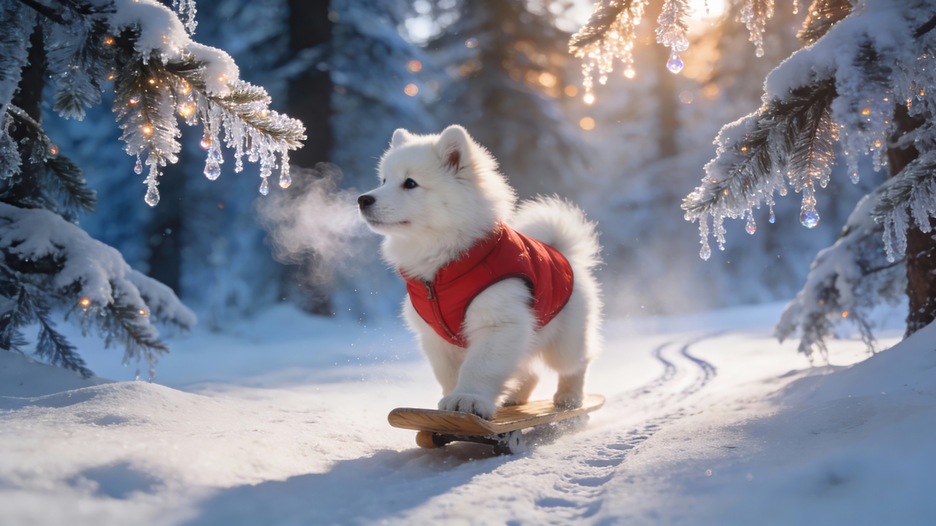 穿红色棉马甲的萨摩耶幼犬前爪踩住滑板，身处积雪松林户外，松枝挂有透明冰锥和暖光串灯，暖金色逆光洒落在蓬松白毛上。