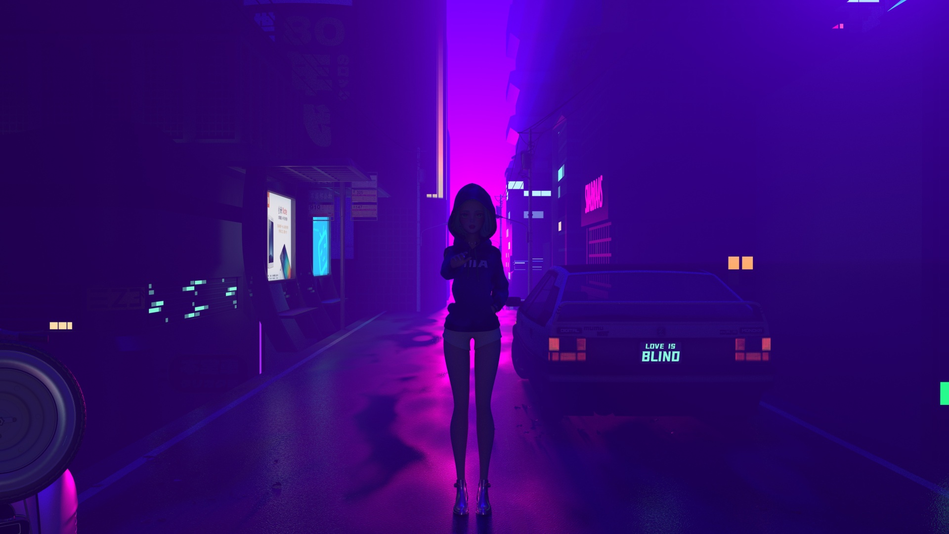 紫蓝霓虹夜色小巷，穿黑色连帽衫的少女站在街道中央，身旁停着复古轿车，背景两侧是暗调城市建筑。