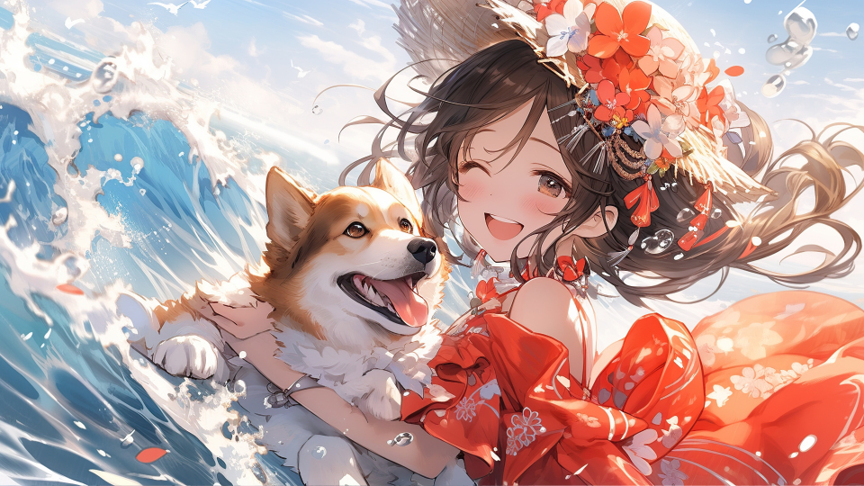 海浪前少女和狗子