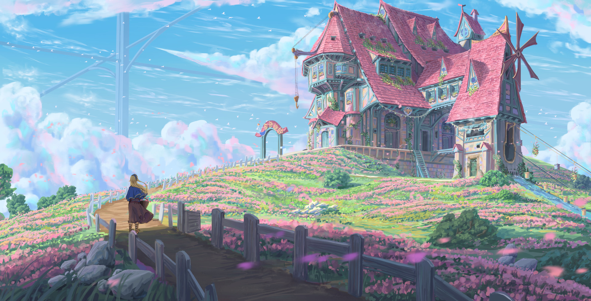 草坡粉花环绕的粉顶风车小屋与独行少女