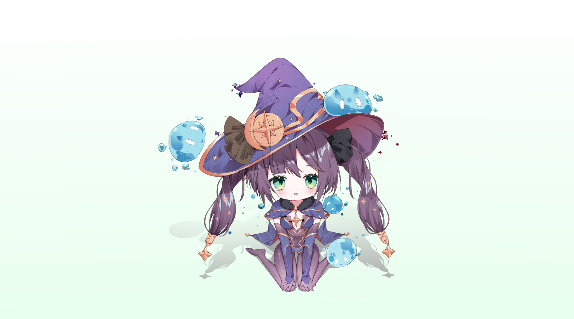Q版跪坐的莫娜，头戴嵌有星月徽章的紫色巫师帽，周围环绕蓝色半透明水史莱姆，背景为白到浅薄荷绿的渐变底色。