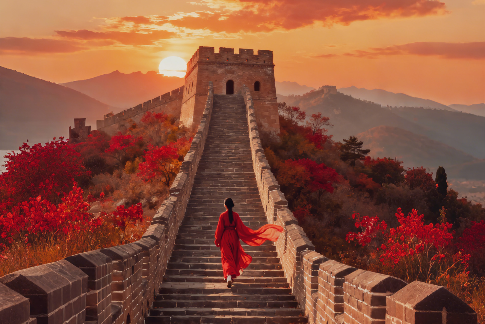 夕阳下的长城石阶，红衣女子拾级而上，两侧秋叶赤红，橙红落日悬于远山。