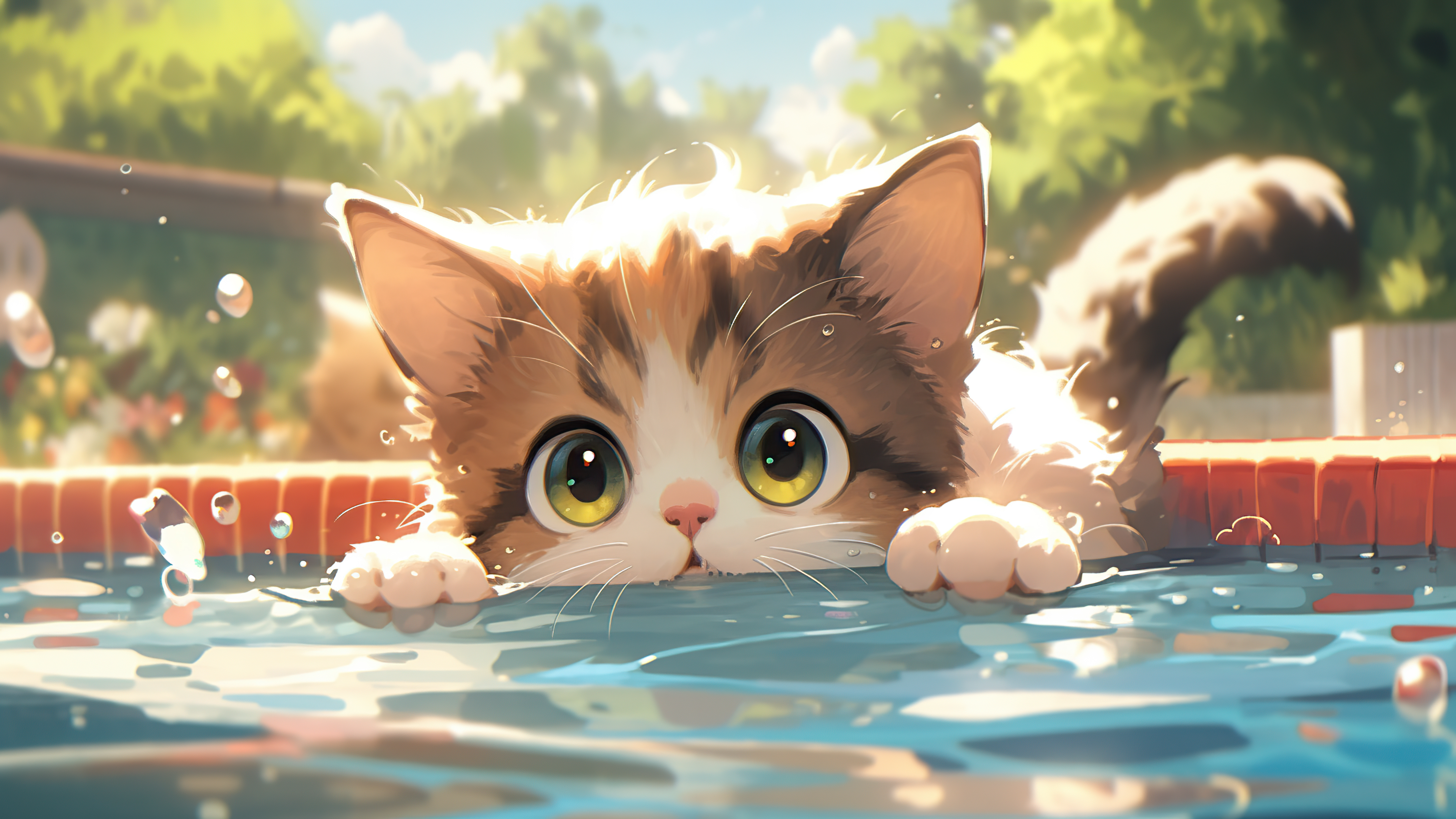 池塘中的小猫凝视