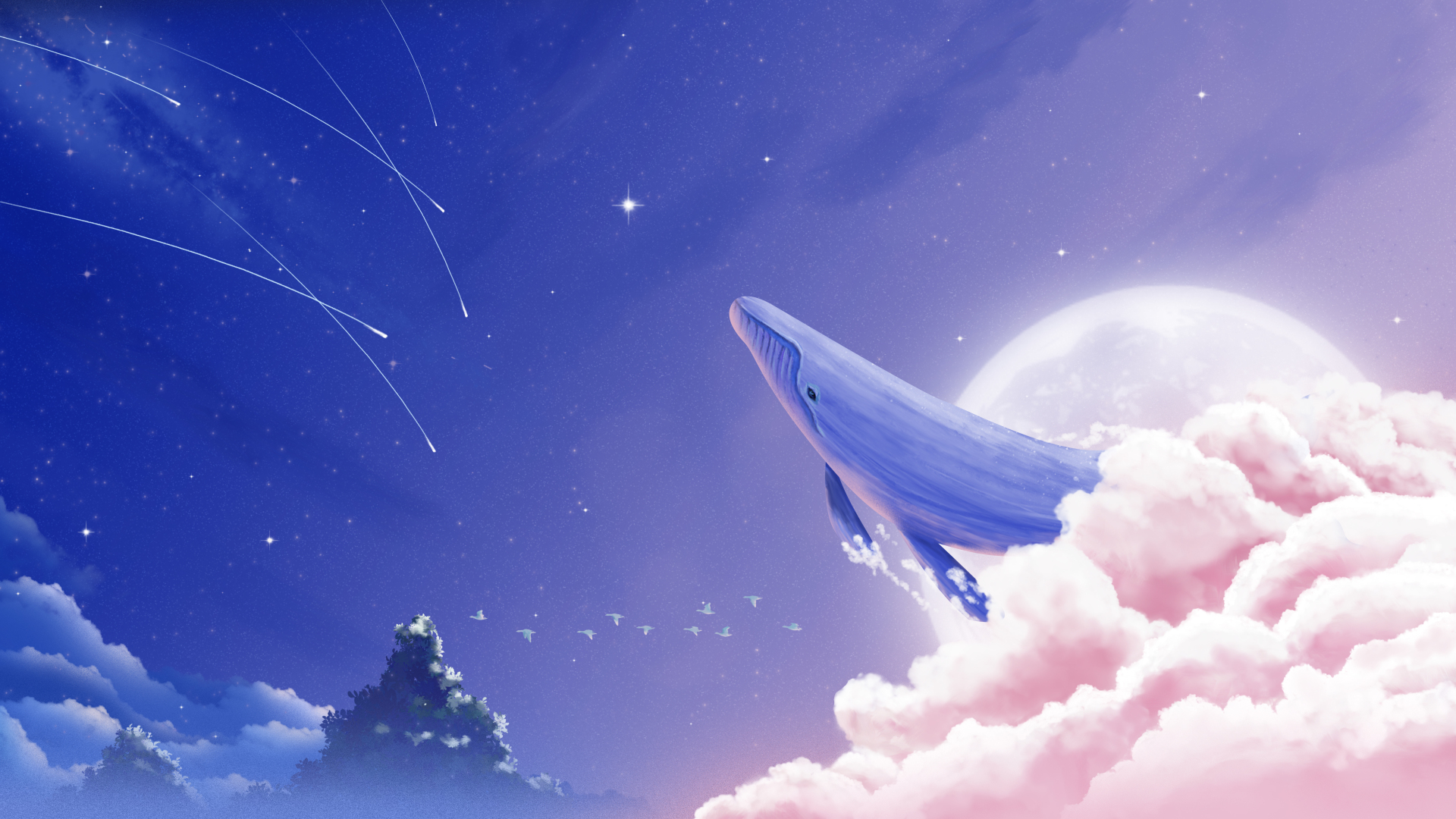 梦幻插画，淡蓝色鲸鱼上半身从粉白色积云中探出，下方是布满星点、流星与半轮亮白满月的深蓝色渐变夜空。