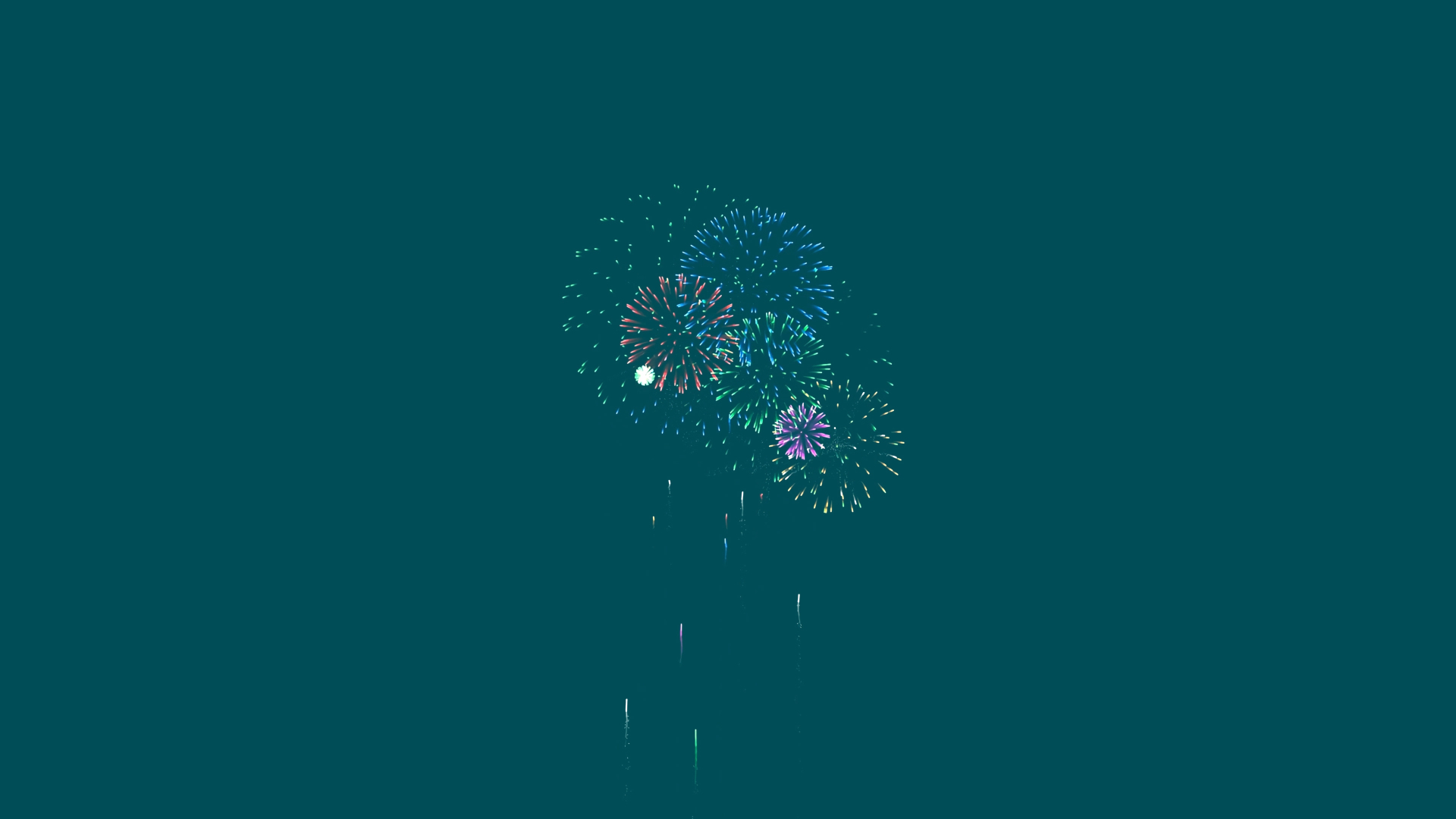 深青色夜空中央绽放多彩放射状烟花，色彩错落分布在画面中心区域。