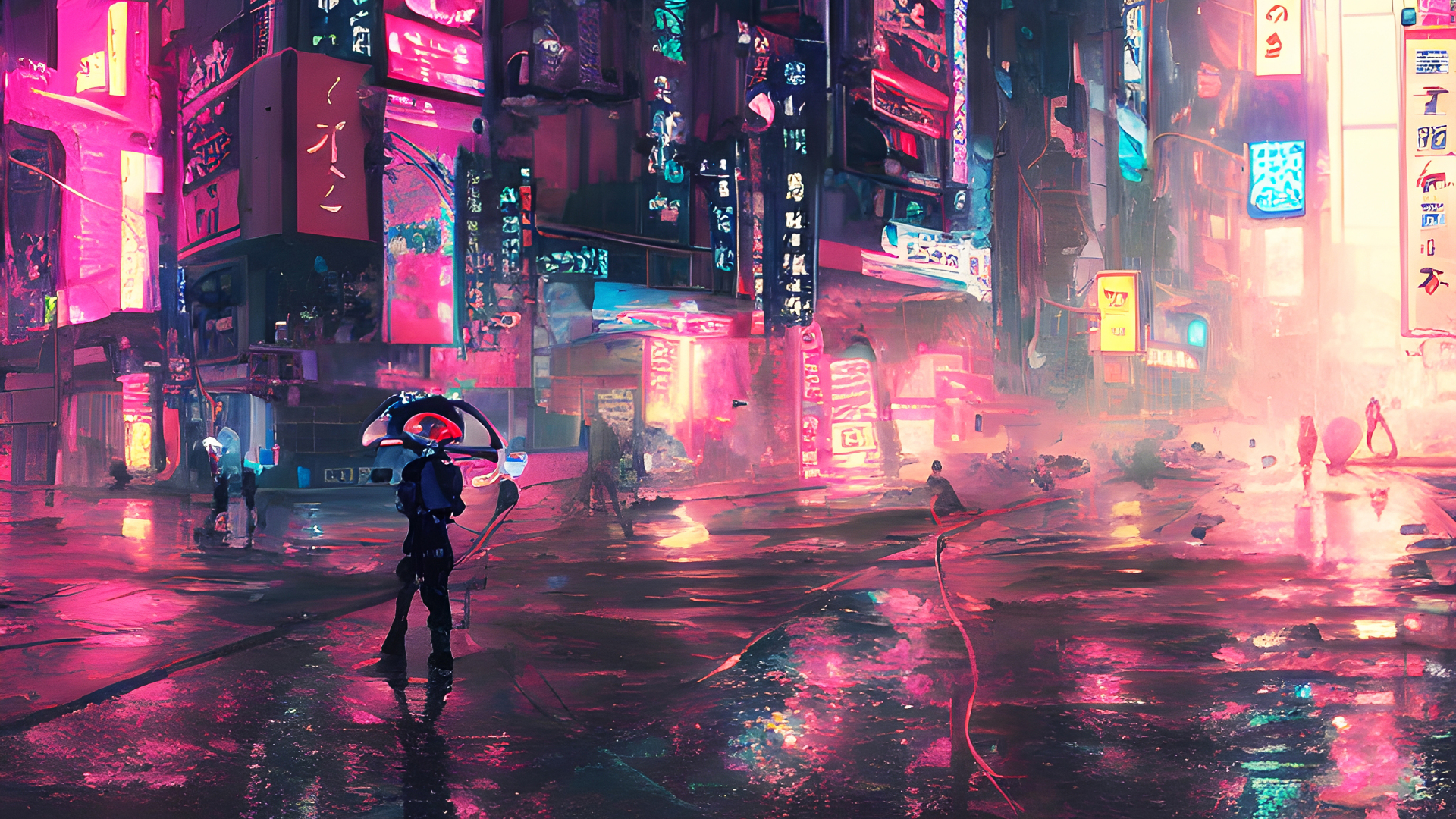 赛博朋克风格都市夜景插画，林立建筑挂满粉蓝霓虹日文招牌，湿滑路面反射霓虹彩光，左下角有一名背对镜头的人物，街道向远处延展。