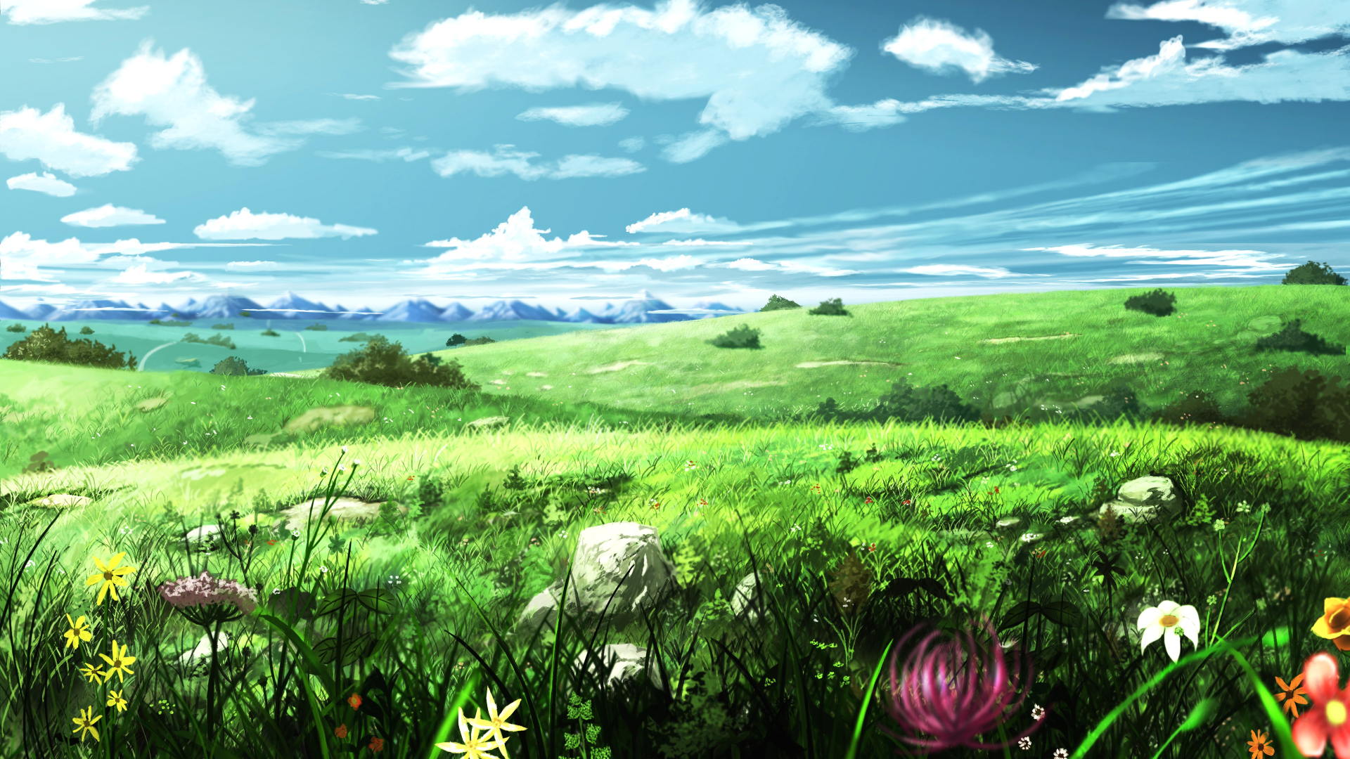 日系动漫插画风格草原风景，青蓝晴空下积云蓬松，草坡开满各色野花与灰白岩石，远处层叠山脉间蜿蜒道路向前延伸。
