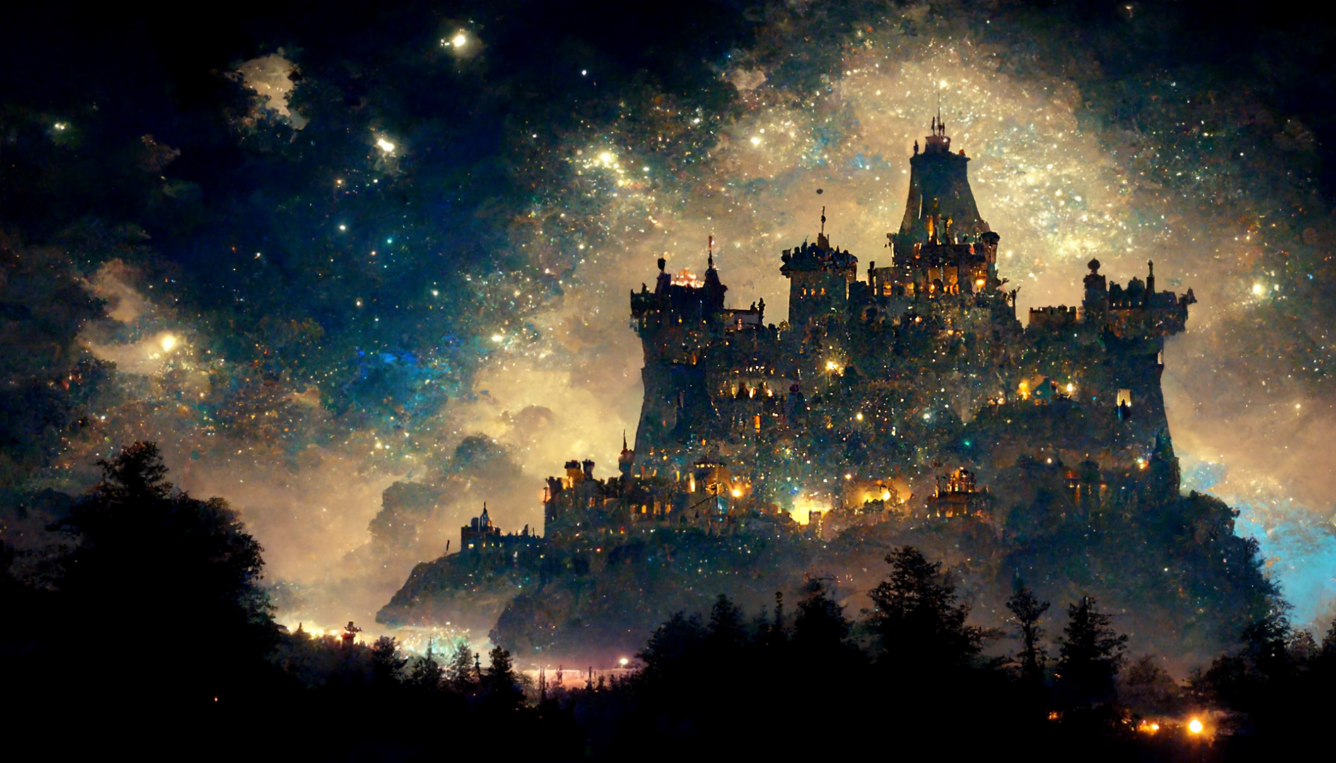 山巅亮灯的古堡与布满繁星的梦幻夜空