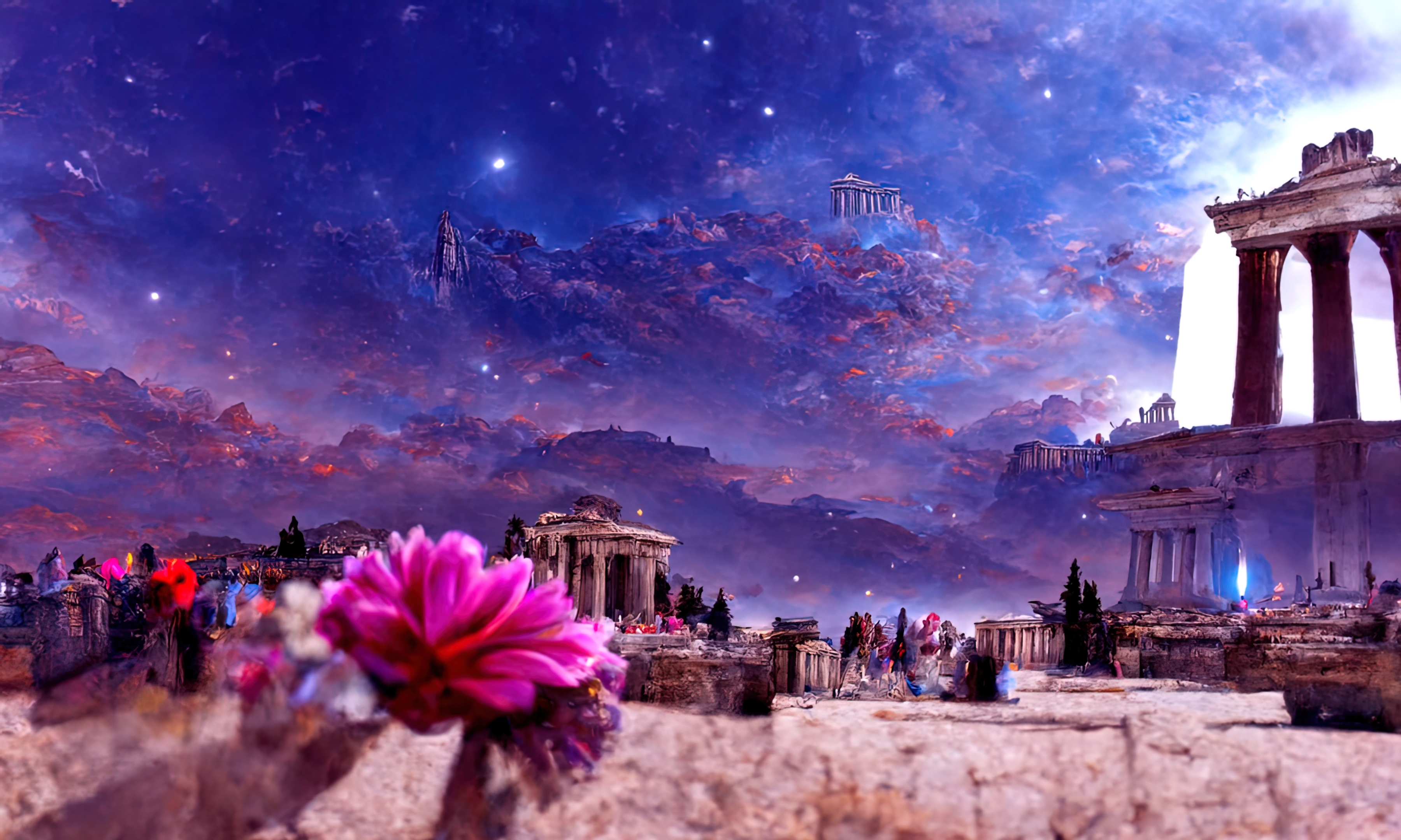 唯美治愈小清新星空夜空ai绘画护眼养眼锁屏壁纸蓝色壁纸封面图神庙之