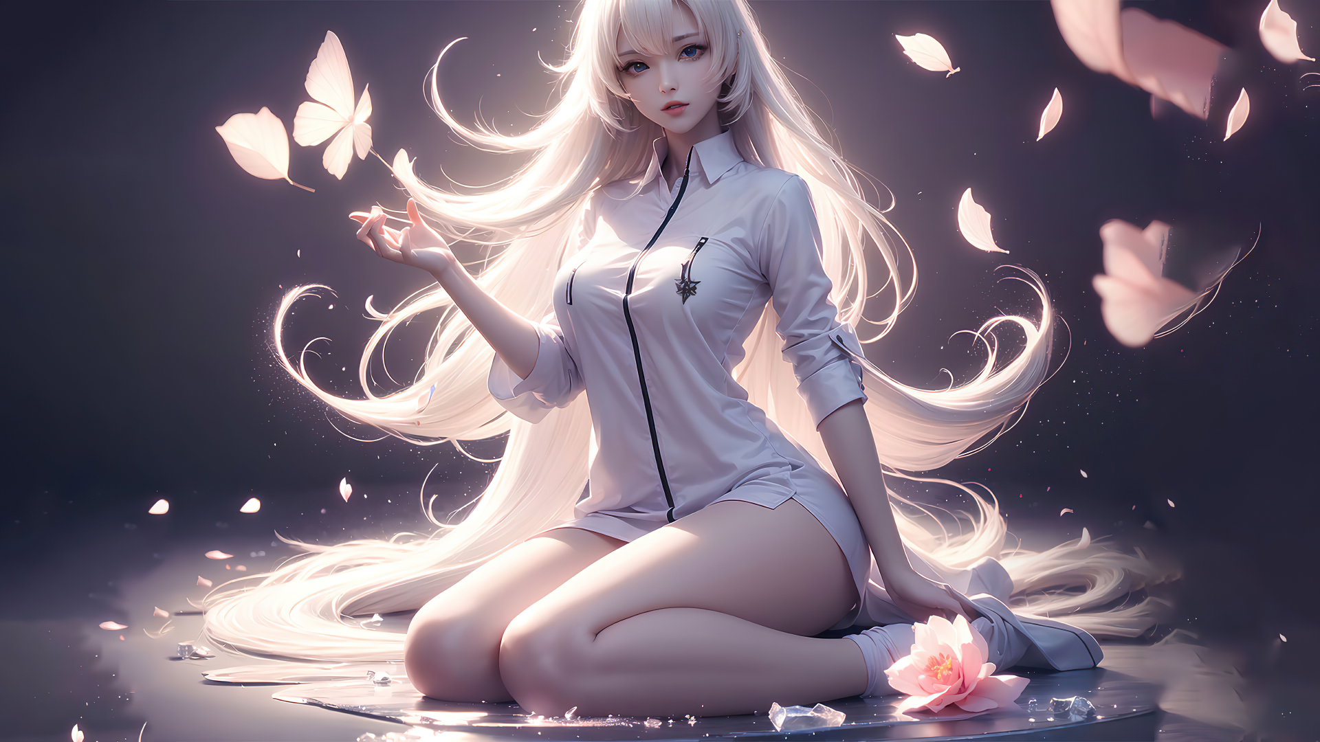 白长发少女跪坐于泛光台面，身旁落有粉花，四周飘着花瓣与发光蝴蝶。