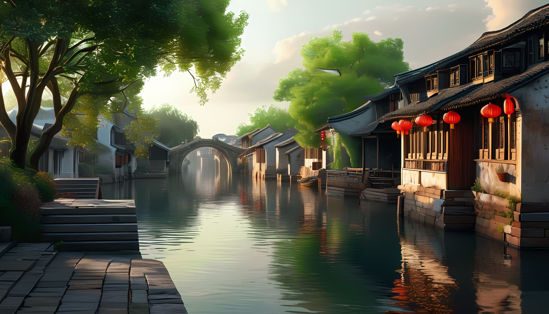 古风插画展现江南河道，两岸白墙黛瓦古民居挂有红灯笼，左侧石径伴浓绿乔木，远处石拱桥卧于水面，波光倒映树影与天光。
