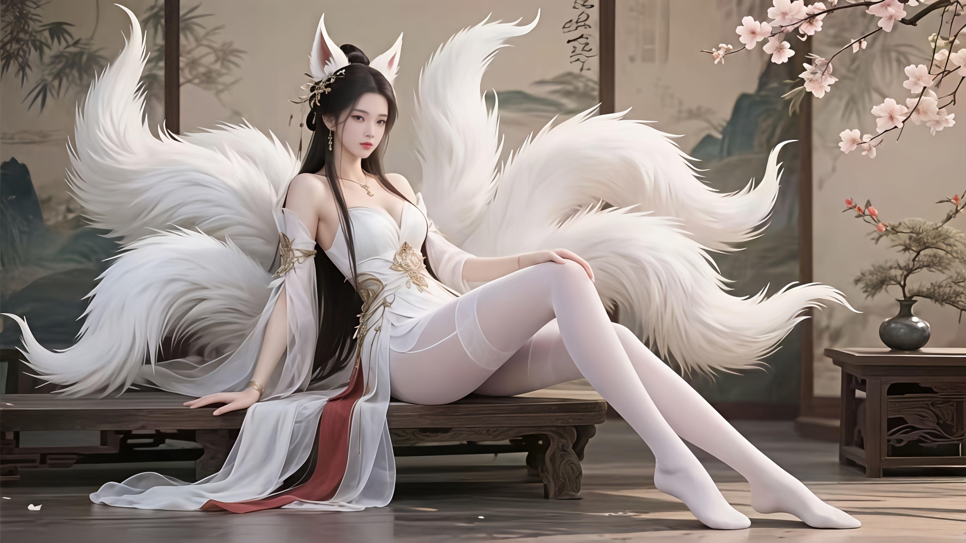 带狐耳白尾的古风女子穿白纱裙坐于木榻，旁侧是山水屏风与粉花枝条。
