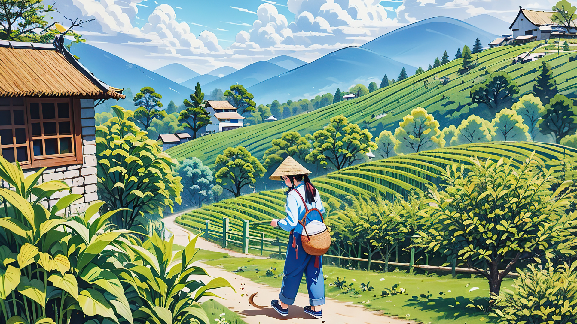戴斗笠背竹篓的女子走在茶山小径旁，四周是青绿茶园与连绵山景。