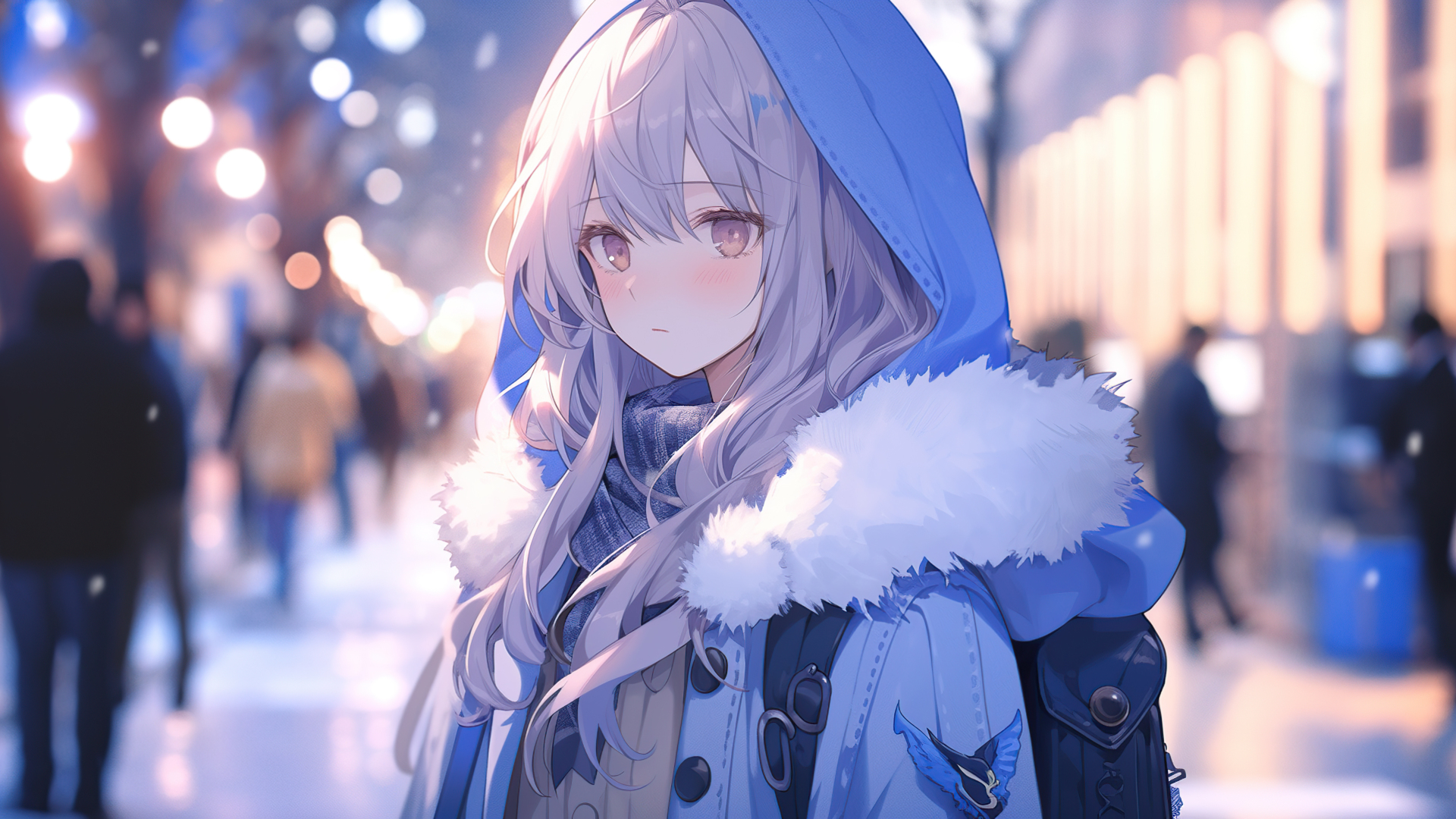 夜间积雪覆盖的城市街道上，浅紫长发的动漫少女身着带毛领的浅蓝色冬季外套、围着深蓝色格纹围巾，背负黑色背包，空中飘落着雪花。