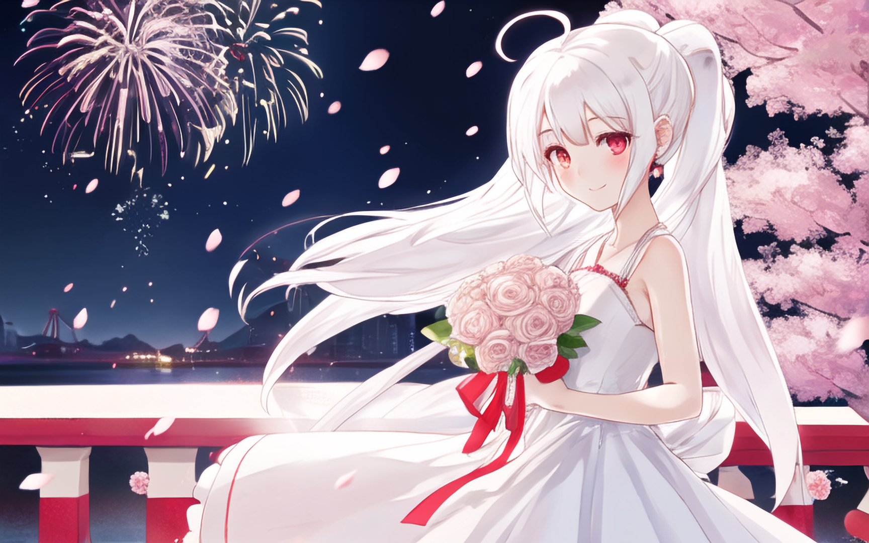 白发少女抱着粉玫瑰花束站在樱花树下，夜空烟花绽放，花瓣纷飞