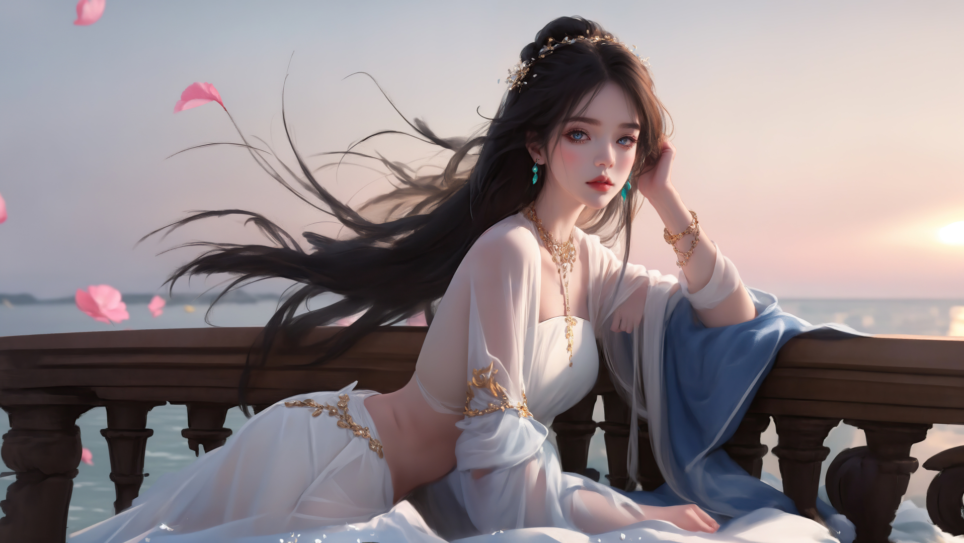 长腿美女身着白蓝金边轻纱古装倚靠木质围栏，背景为日落暖光下的海面与粉橙色天空，左侧飘着粉色花瓣。