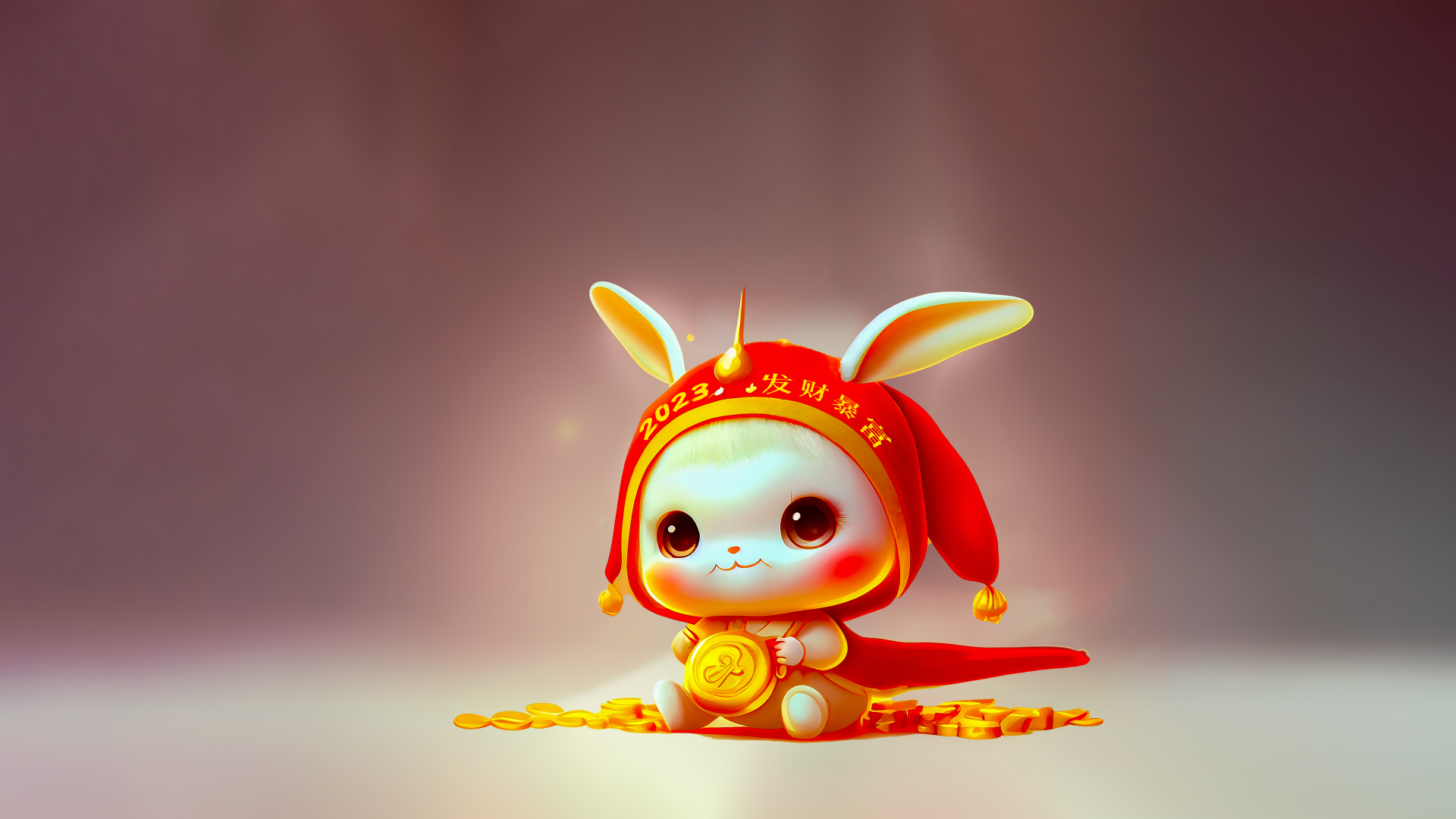 身着印字红边兜帽的3D卡通白兔，双手捧着刻有符号的金色圆币，坐于散落的多枚金色古钱币上，背景为浅紫向浅米过渡的平滑纯色渐变。