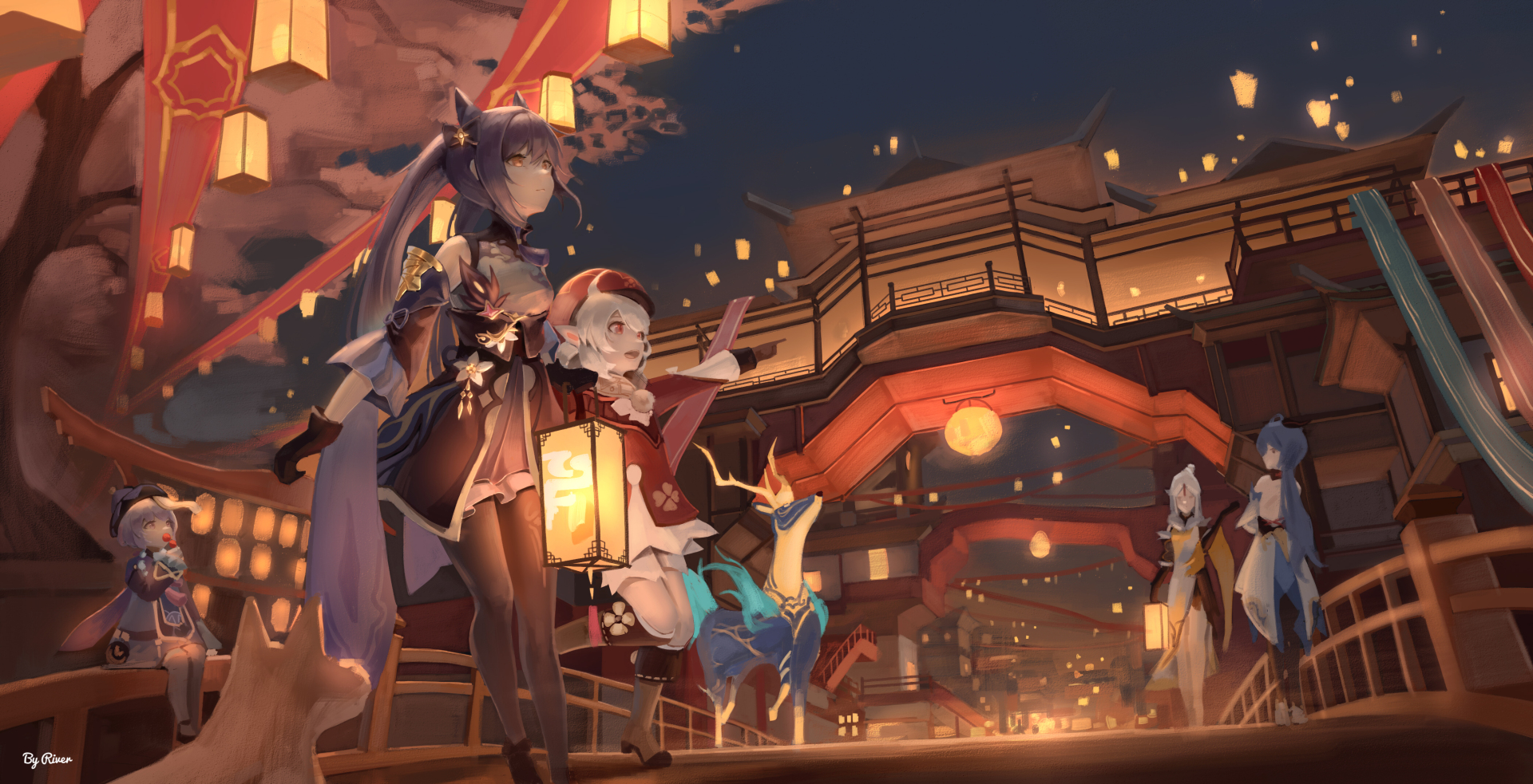 中式古风夜景里的二次元少女群像，暖灯点亮古建，夜空飘着成片升空的孔明灯。