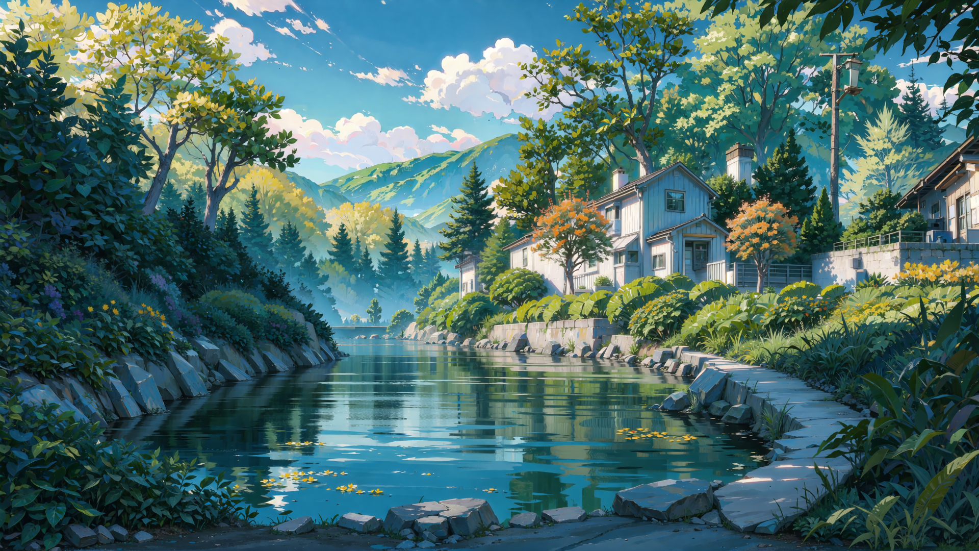 河畔日系动漫风景，澄澈河道旁环绕茂密绿植与林间民居