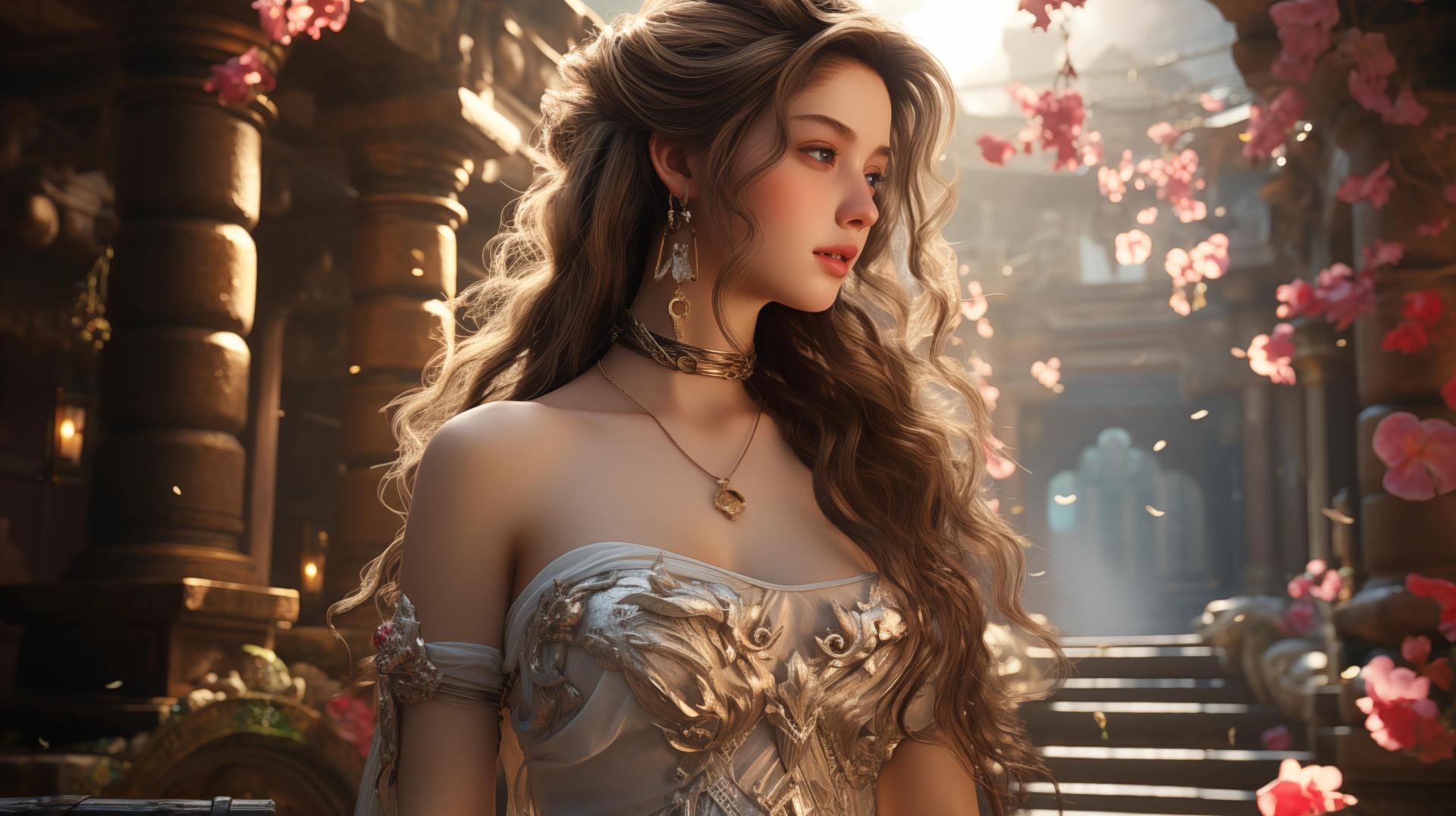 金棕卷发女性立于逆光欧式柱廊前，粉色花瓣从身侧飘落