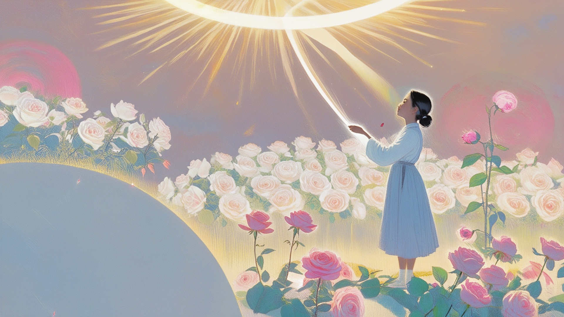 浅蓝长裙女性站在白粉色玫瑰花丛中，背景是暖金色柔光天空的梦幻插画