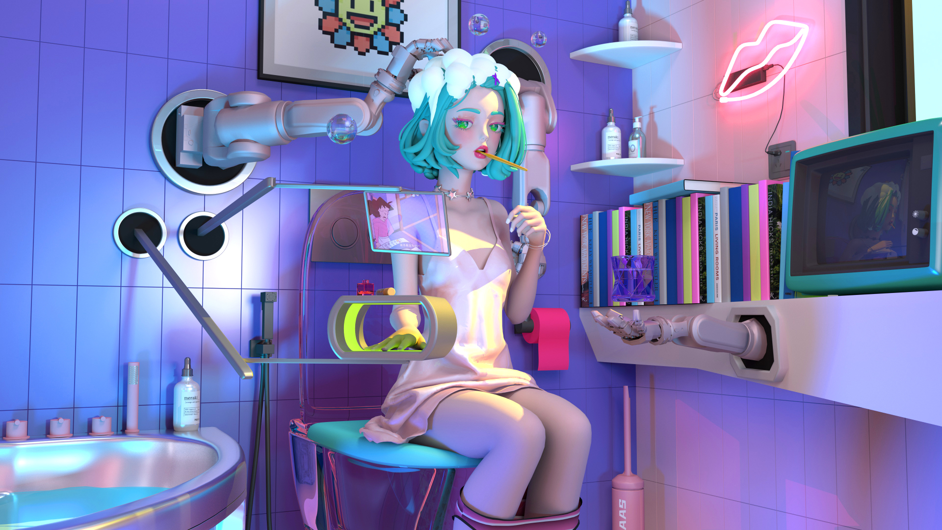 3D渲染赛博风浴室，青发少女被多台机械臂环绕辅助洗漱，紫蓝霓虹光照亮空间