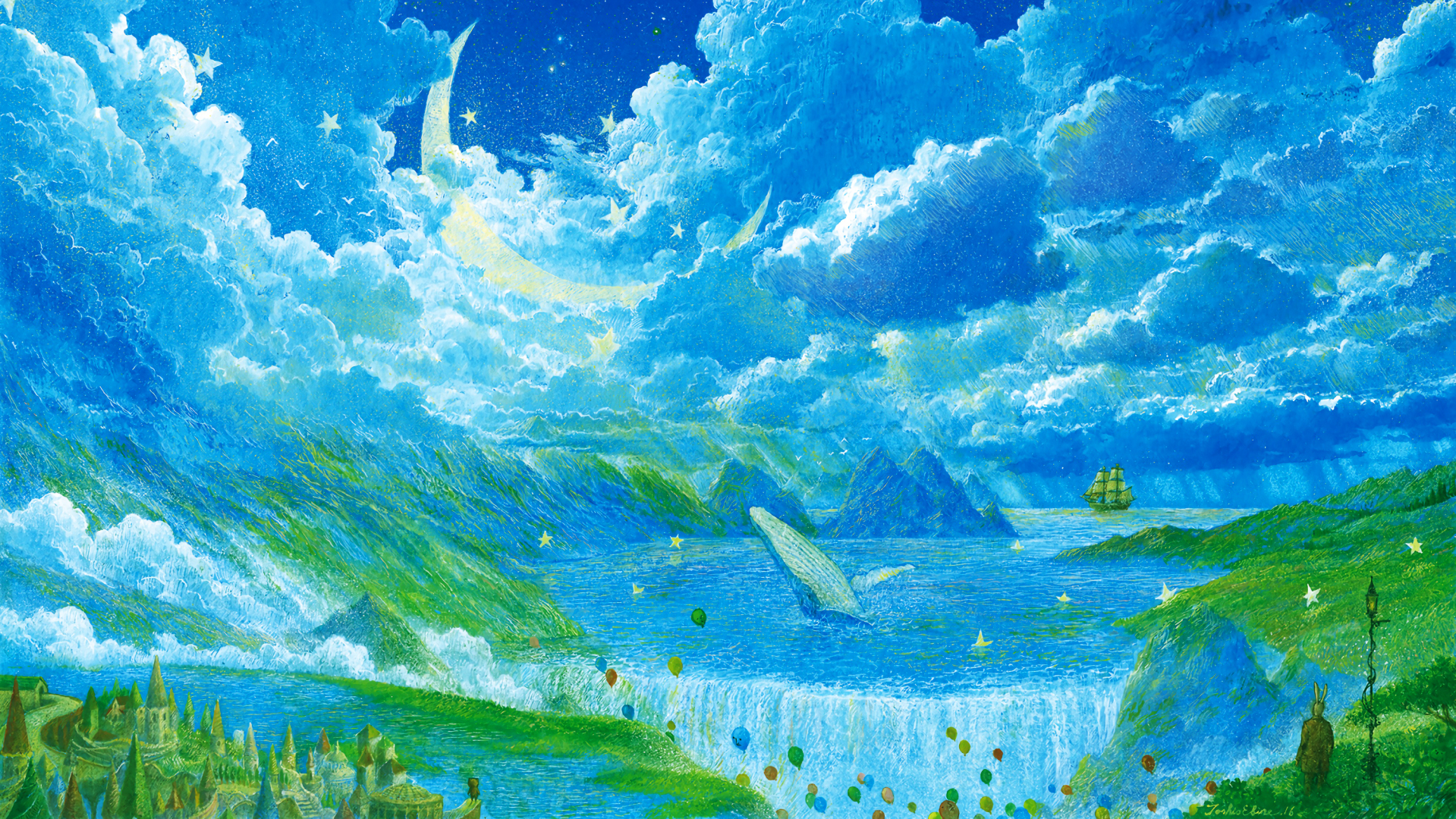 蓝绿厚涂奇幻海湾风景插画