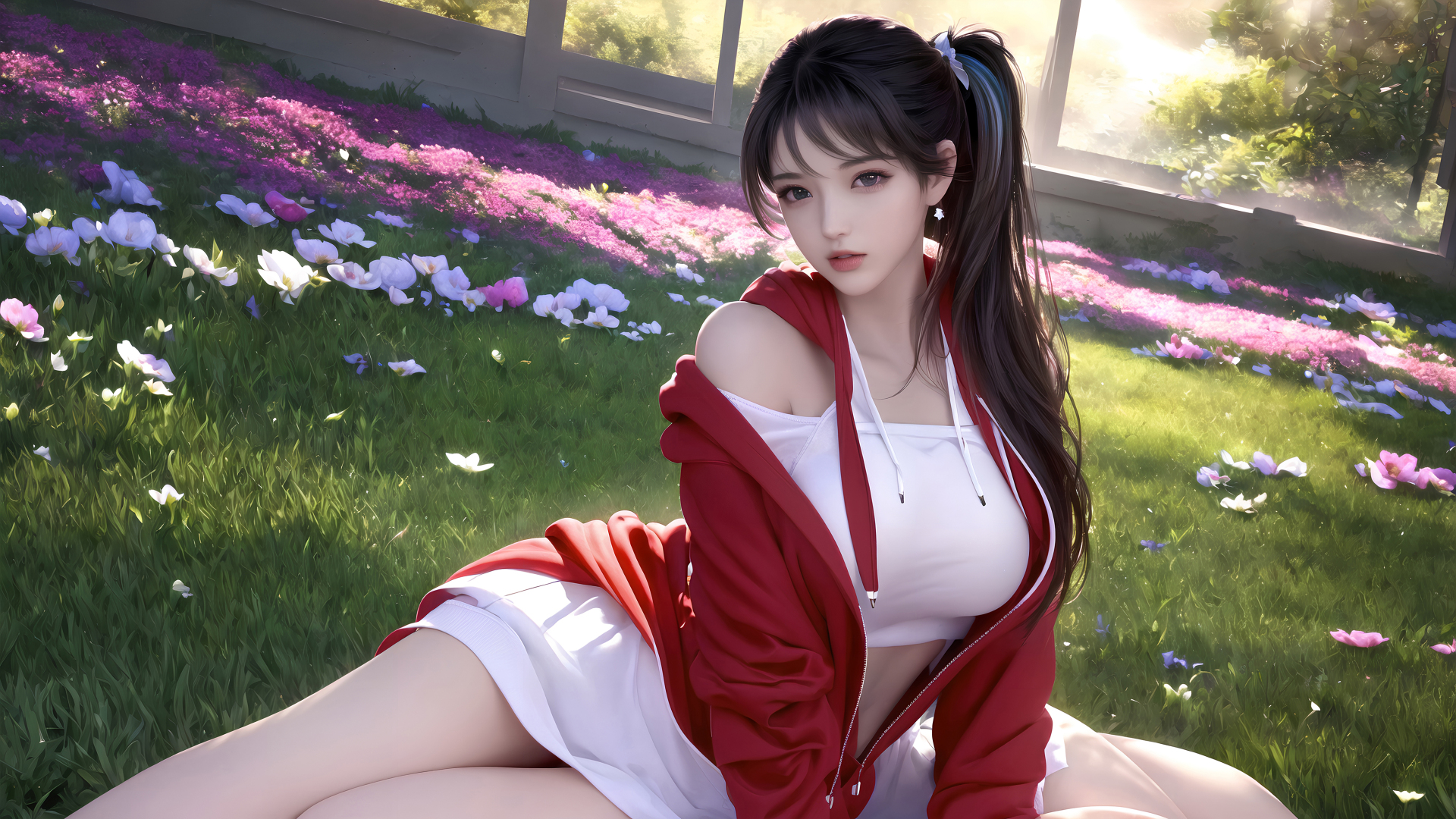 高马尾少女坐在花丛边的青草地，身着红外套白色运动装