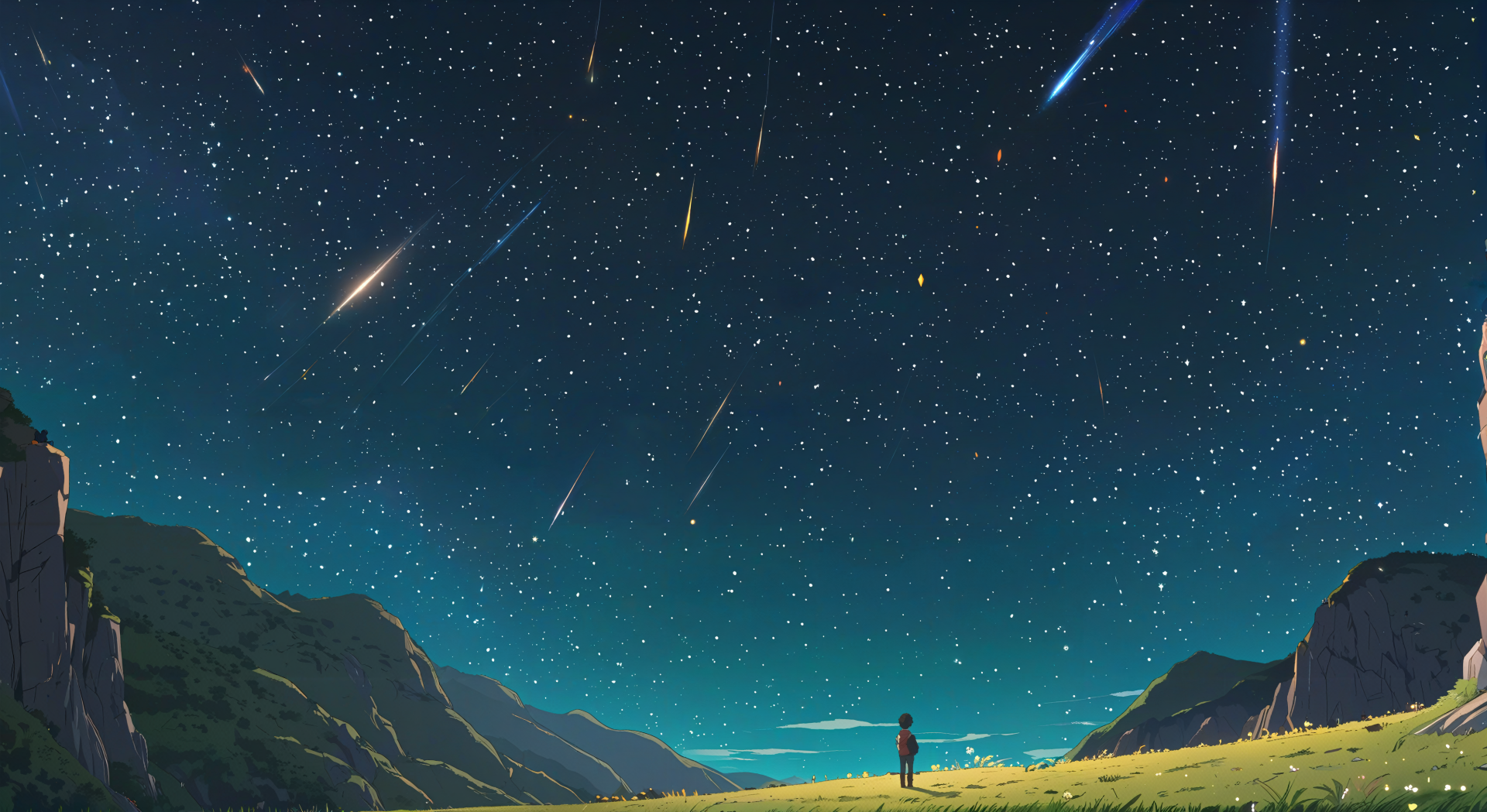 漫天流星划过深蓝夜空，草坡上的人物安静仰望整片星空。