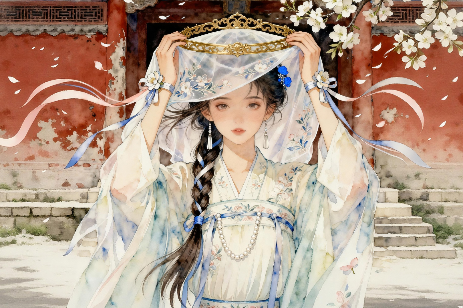 水彩国风画面，身着浅青水墨汉服的少女立于朱红斑驳古墙前，双手举着刺绣花纱金冠头纱，旁侧白花盛放，花瓣在空中飘落。