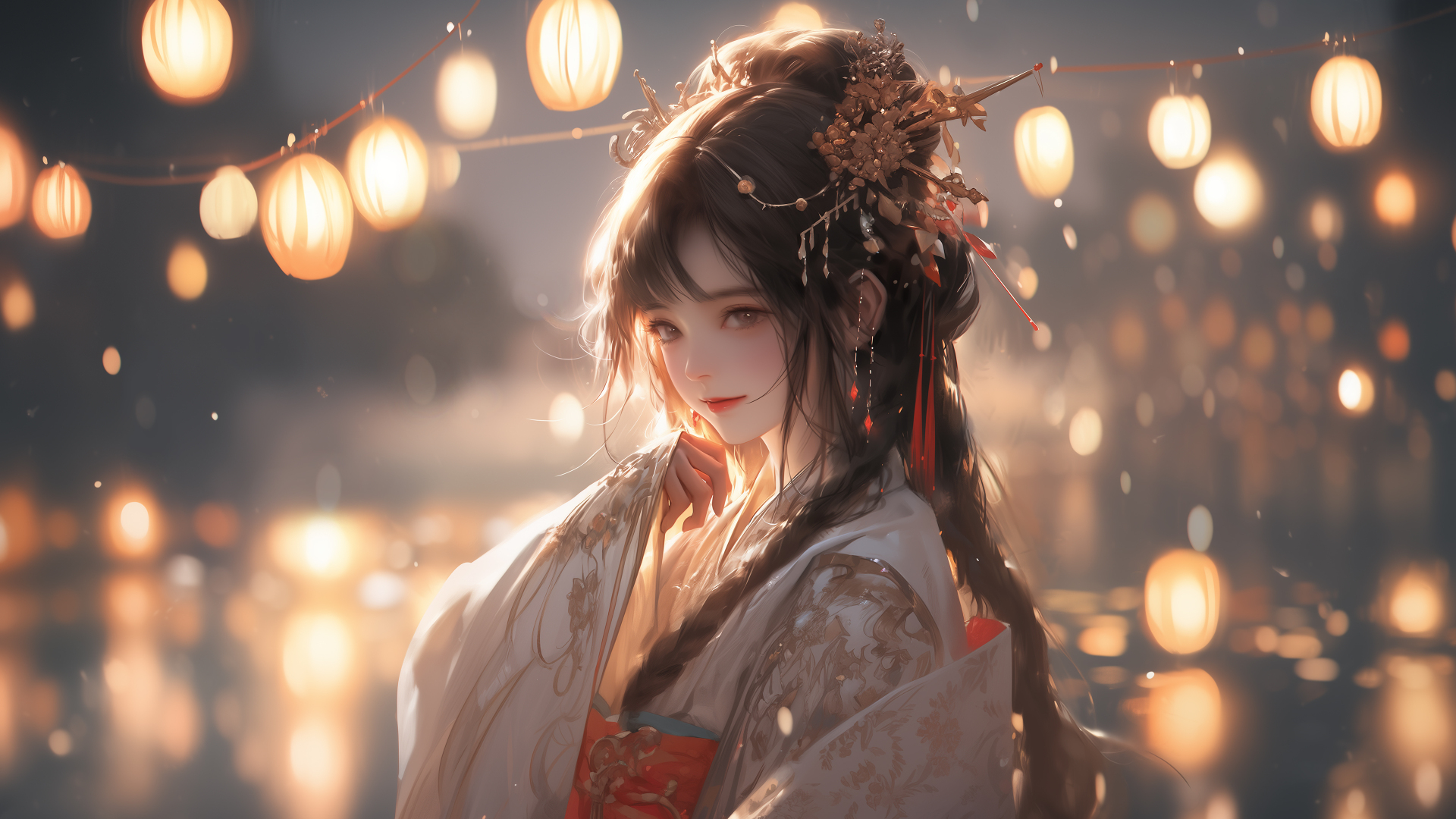 汉服少女置身夜色暖光灯笼场景中