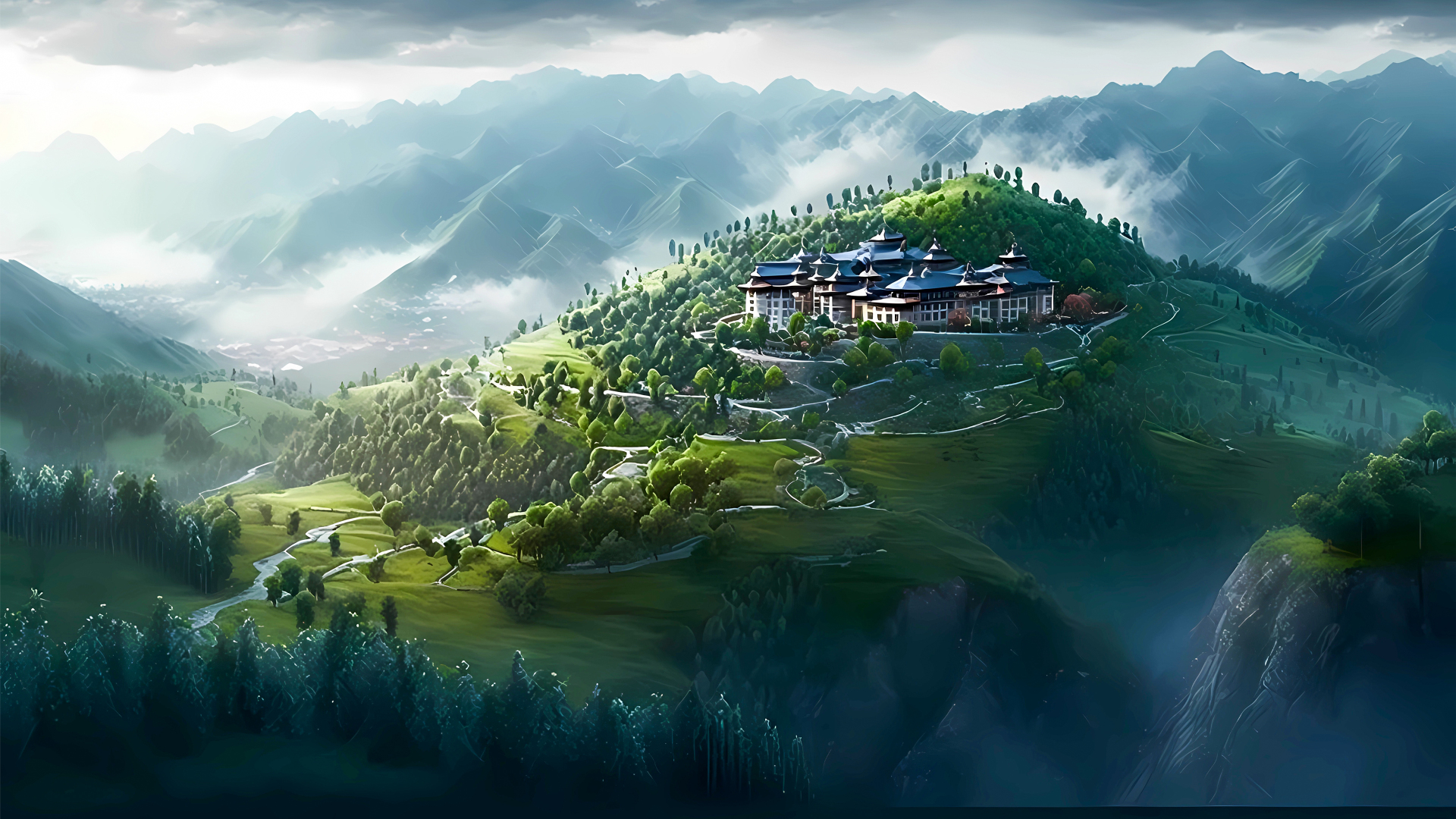 青绿山林间坐落着中式古建，远处层叠远山被薄雾笼罩