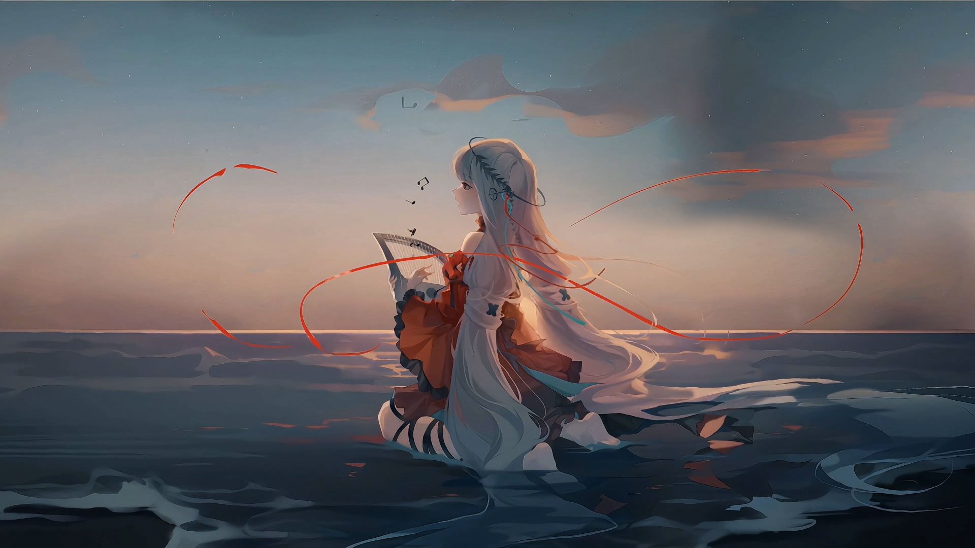 暮色浅海之中，银发少女怀抱竖琴，飘带环绕，天空点缀星点与音符。