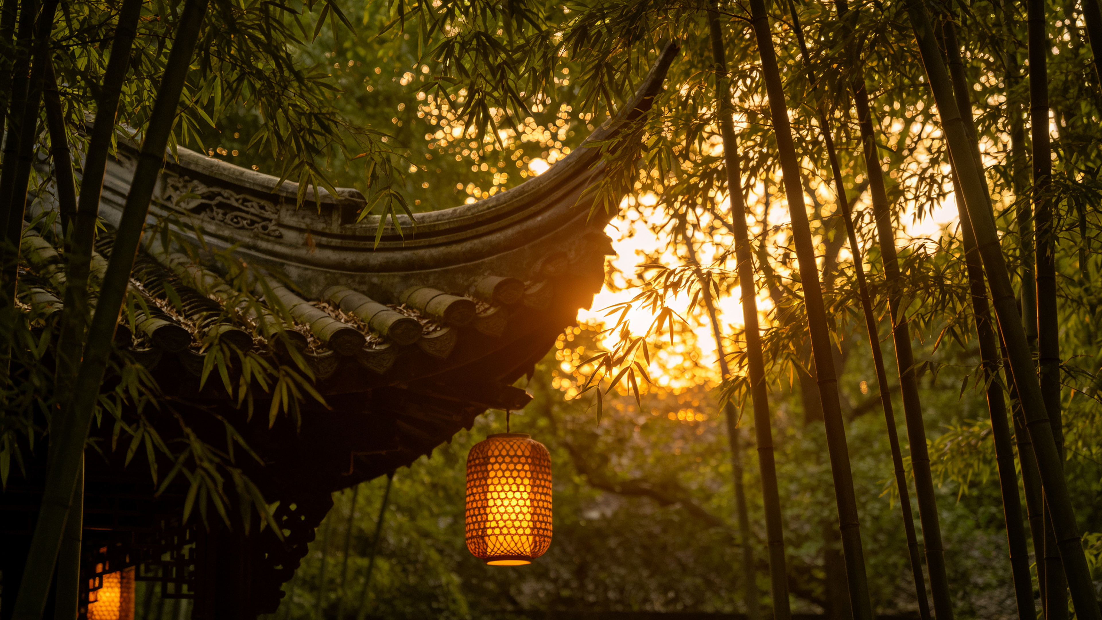 黄昏竹林庭院