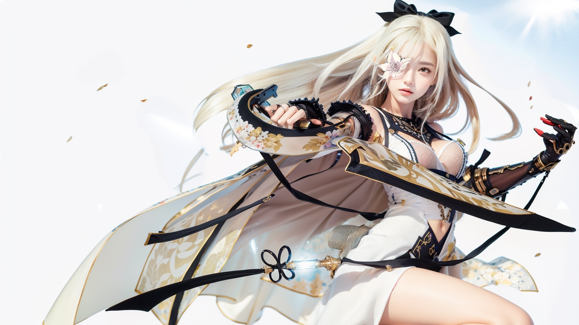 持弓浅金发动漫少女单眼覆花饰