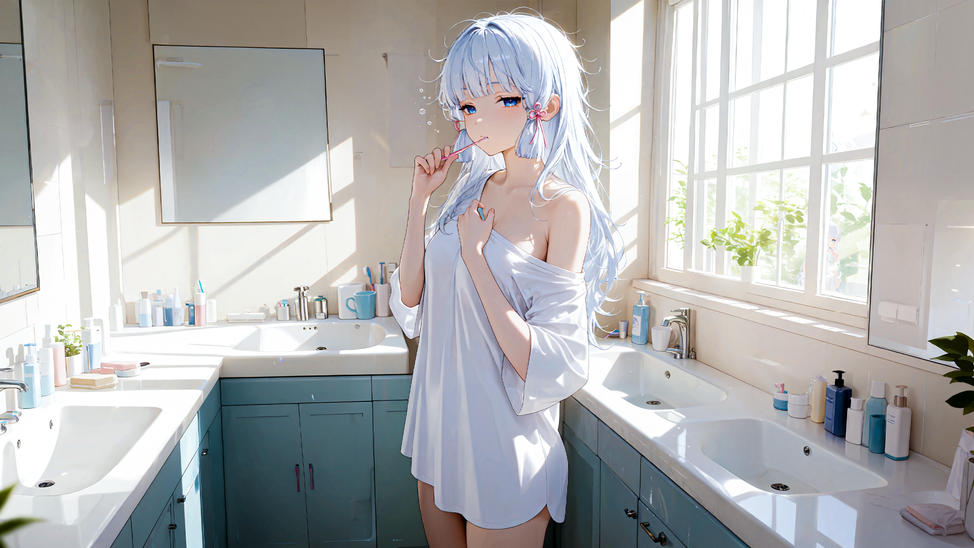 明亮居家浴室里，蓝发系粉色蝴蝶结的少女穿白T恤站在洗手台前刷牙，暖光从右侧格窗透入，台面上摆放洗漱用品与绿植。