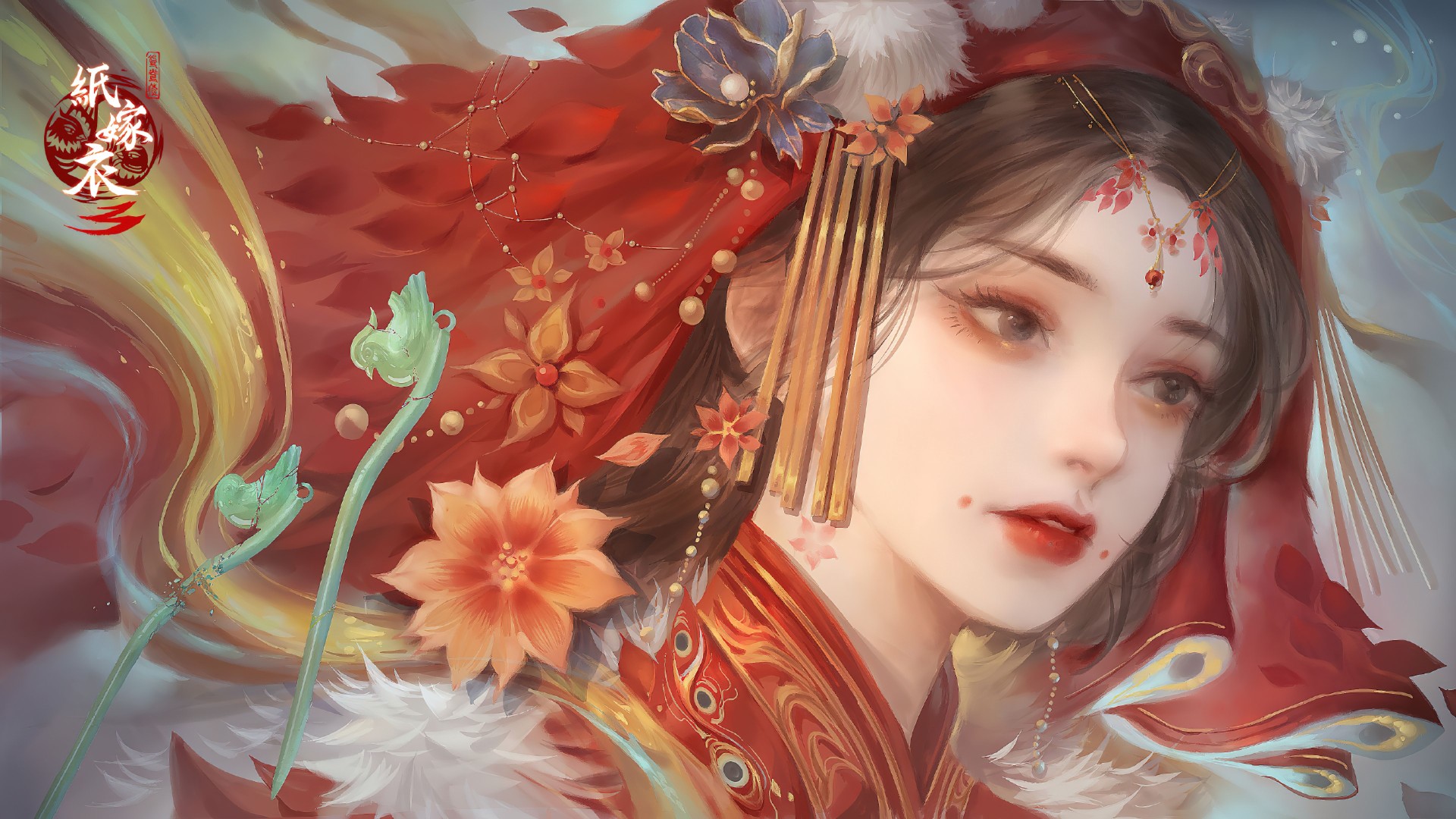 红衣古风女子特写插画