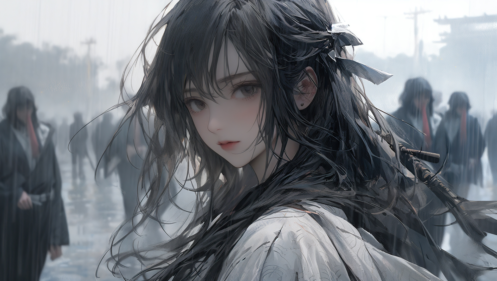 雨雾中回望的黑发少女，湿发丝被雨打湿，身背深色长柄器物，背景是雨幕里的模糊人群。