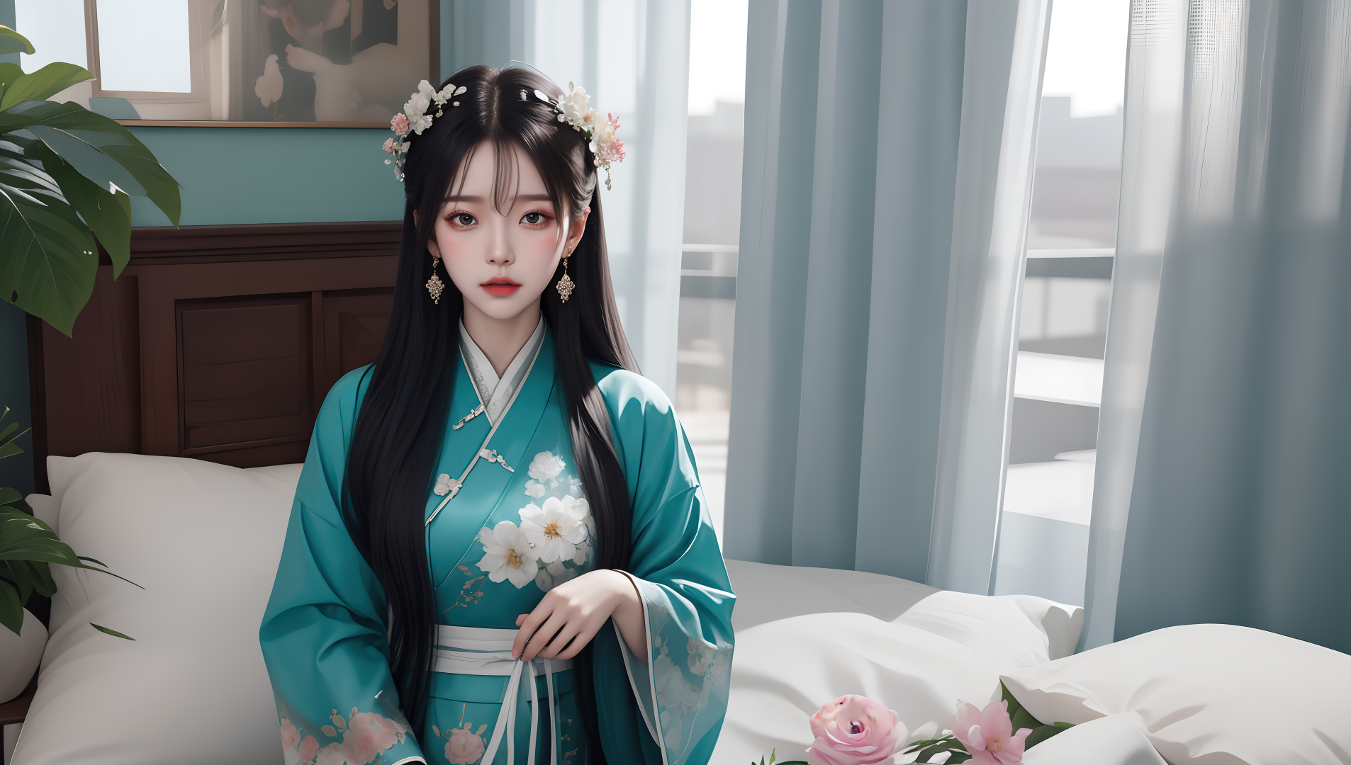 穿青绿色绣白花汉服的长发古风少女坐于卧室床榻前